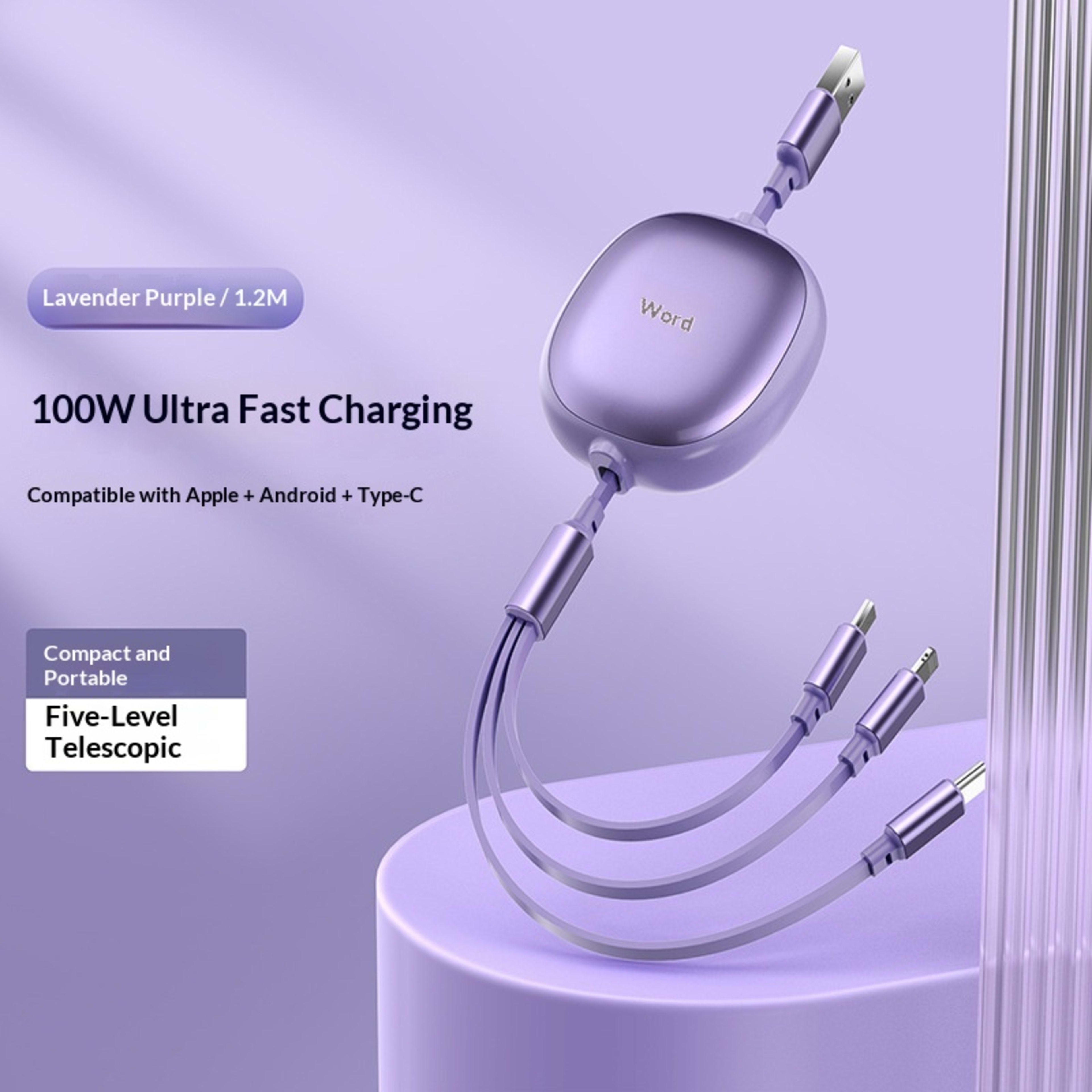 Solid Color Minimalist Metal Retractable 3-in-1 Fast Charging Data Cable 7