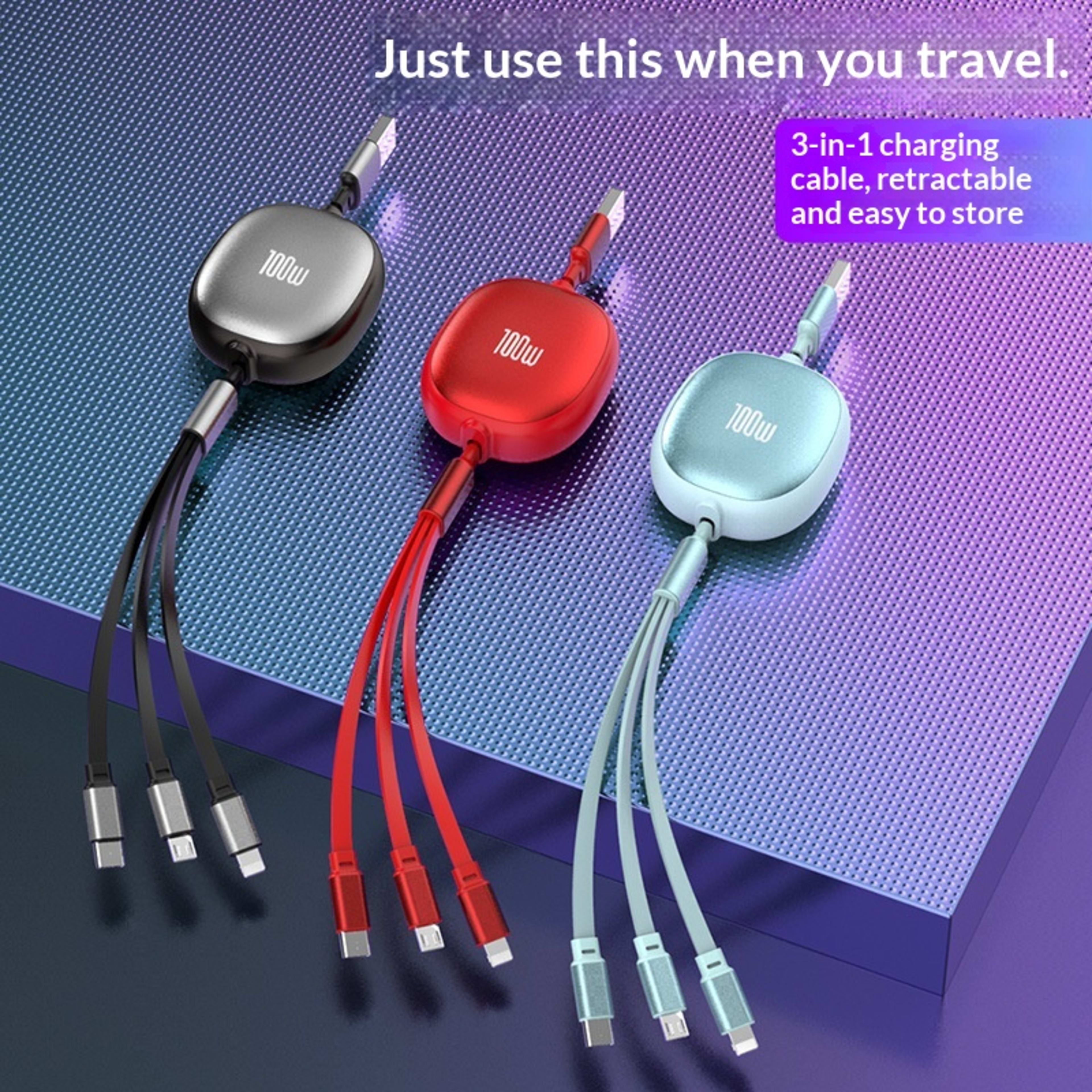 Solid Color Minimalist Metal Retractable 3-in-1 Fast Charging Data Cable 2