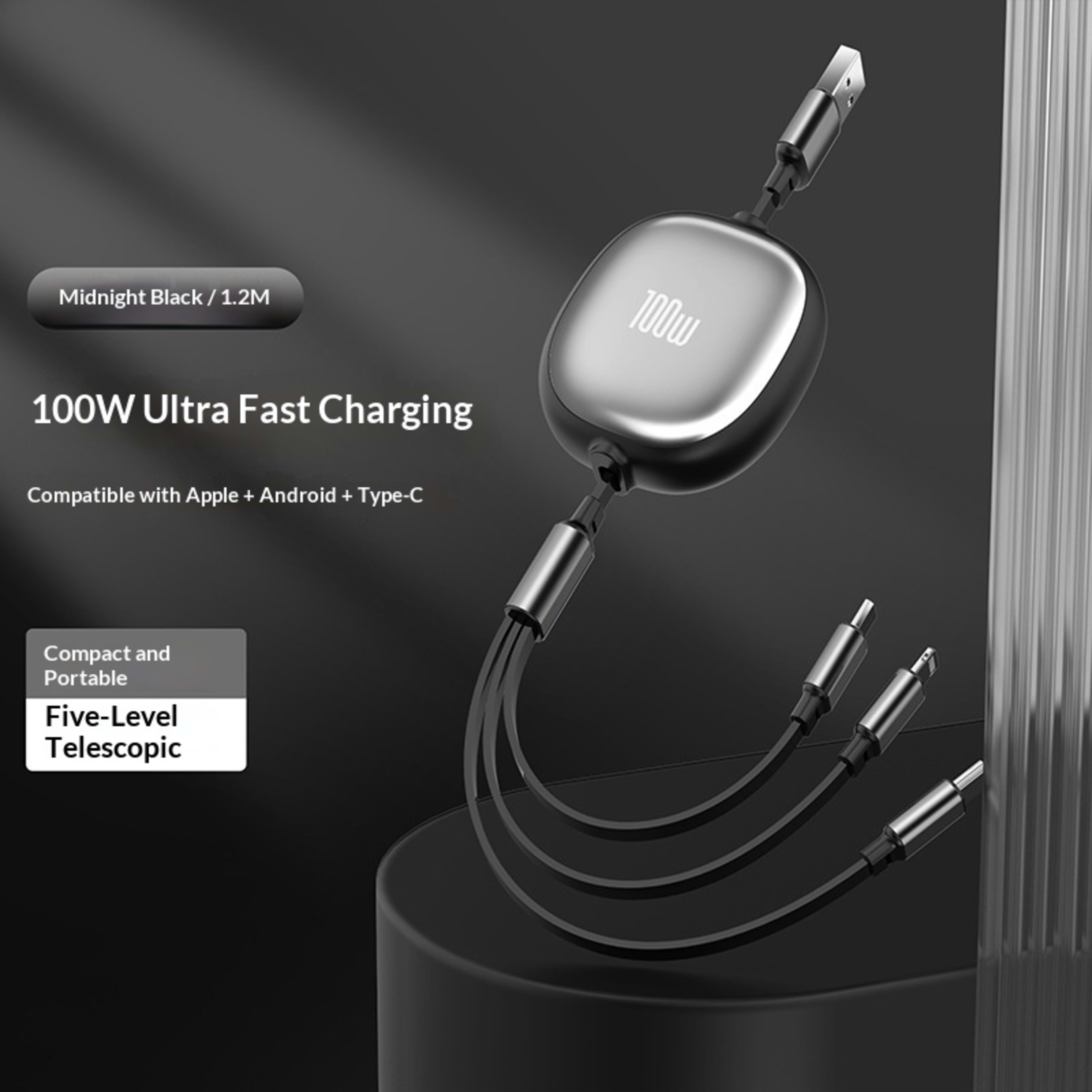 Solid Color Minimalist Metal Retractable 3-in-1 Fast Charging Data Cable 5