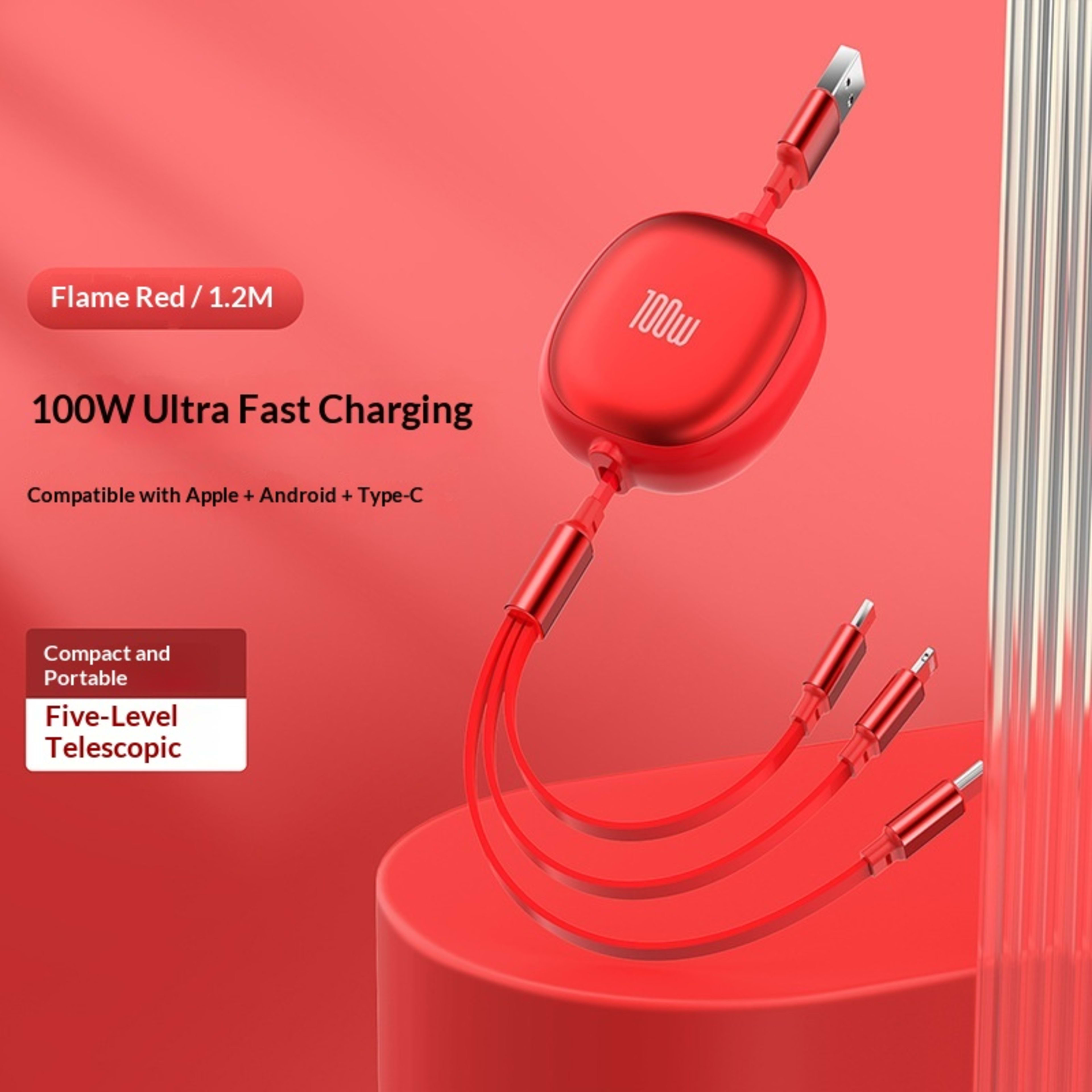 Solid Color Minimalist Metal Retractable 3-in-1 Fast Charging Data Cable