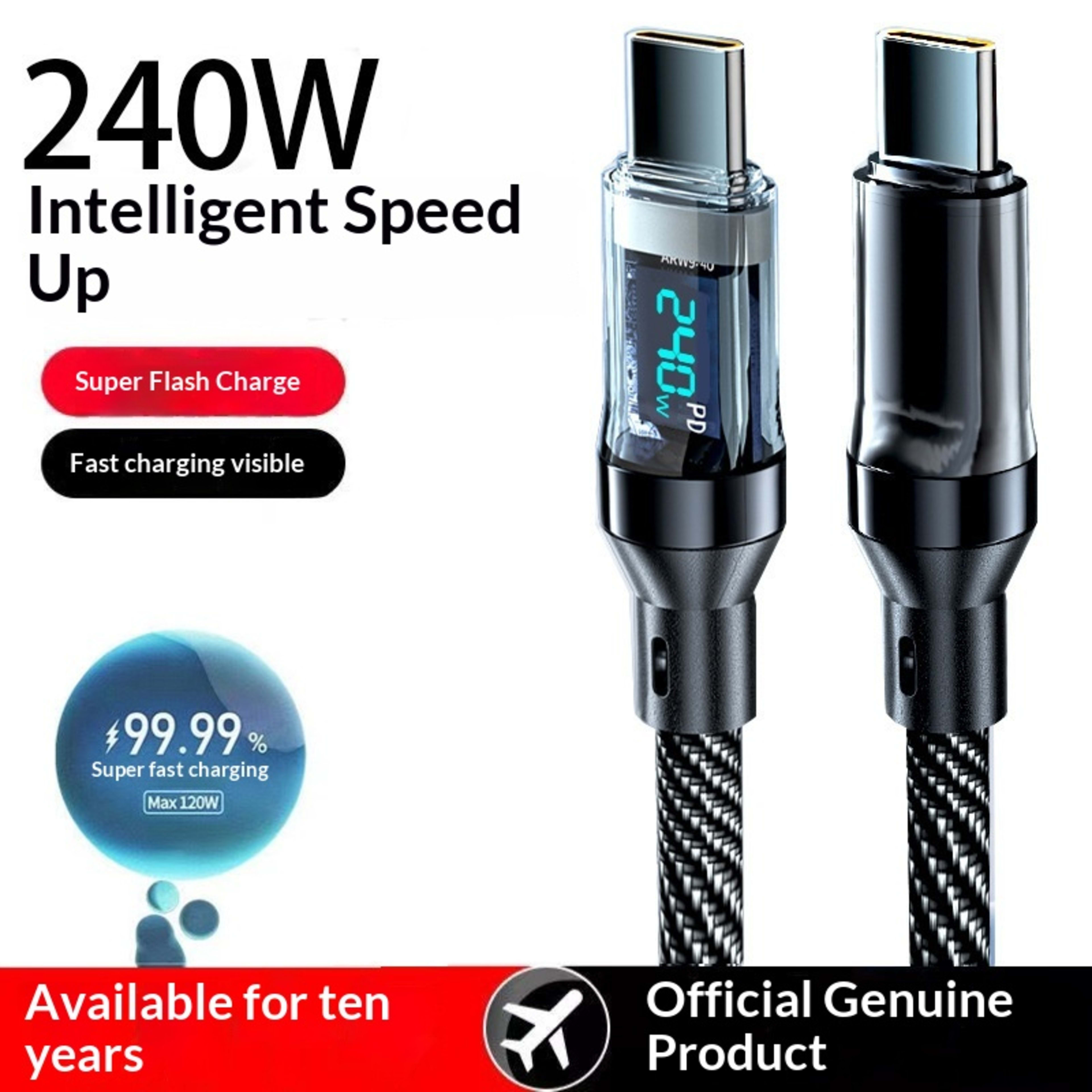Smart Digital Display Type-C Cable 240W Super Fast Charging 9