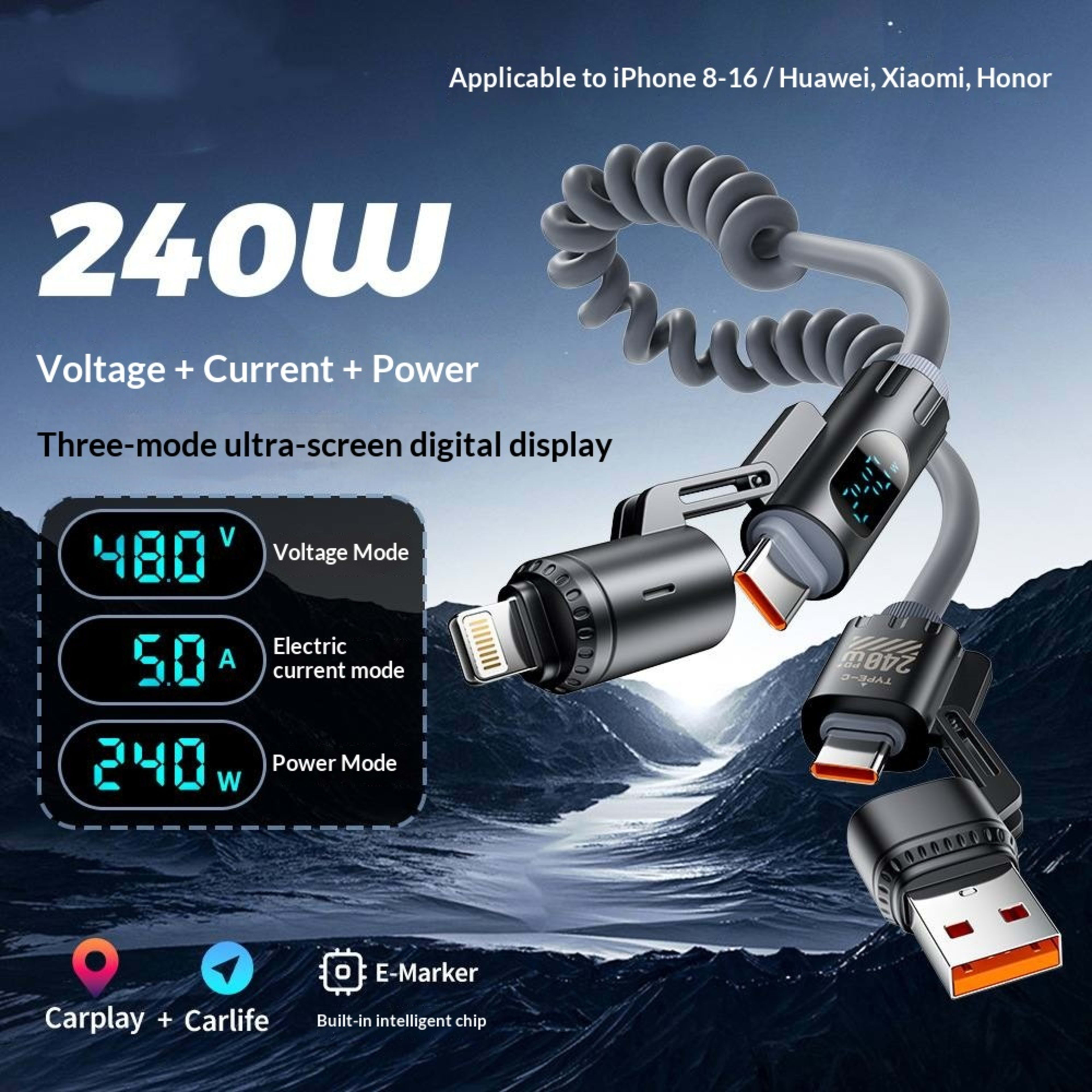 Digital Display Spring 4-in-1 CarPlay In-Car 2m Data Cable 4