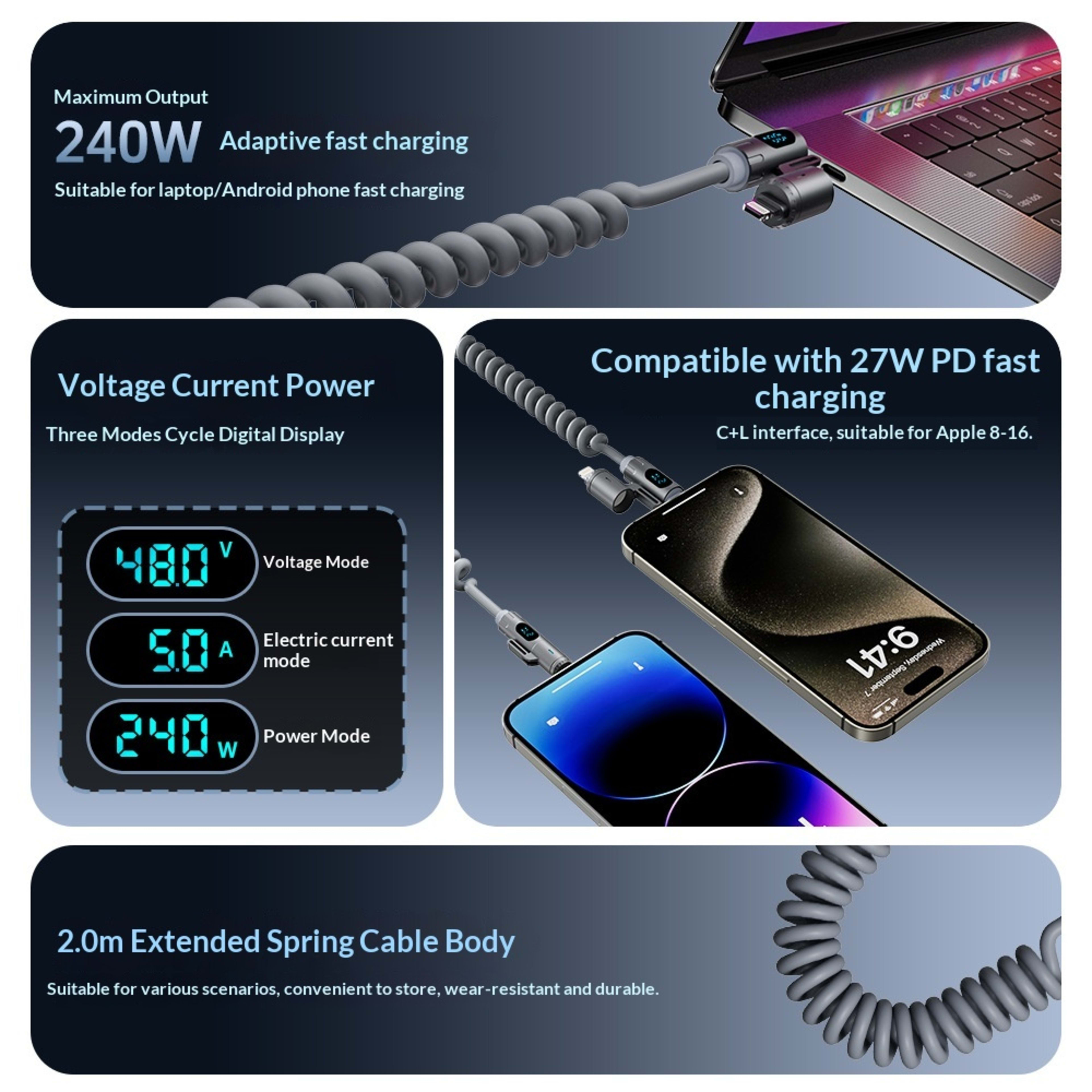 Digital Display Spring 4-in-1 CarPlay In-Car 2m Data Cable 8