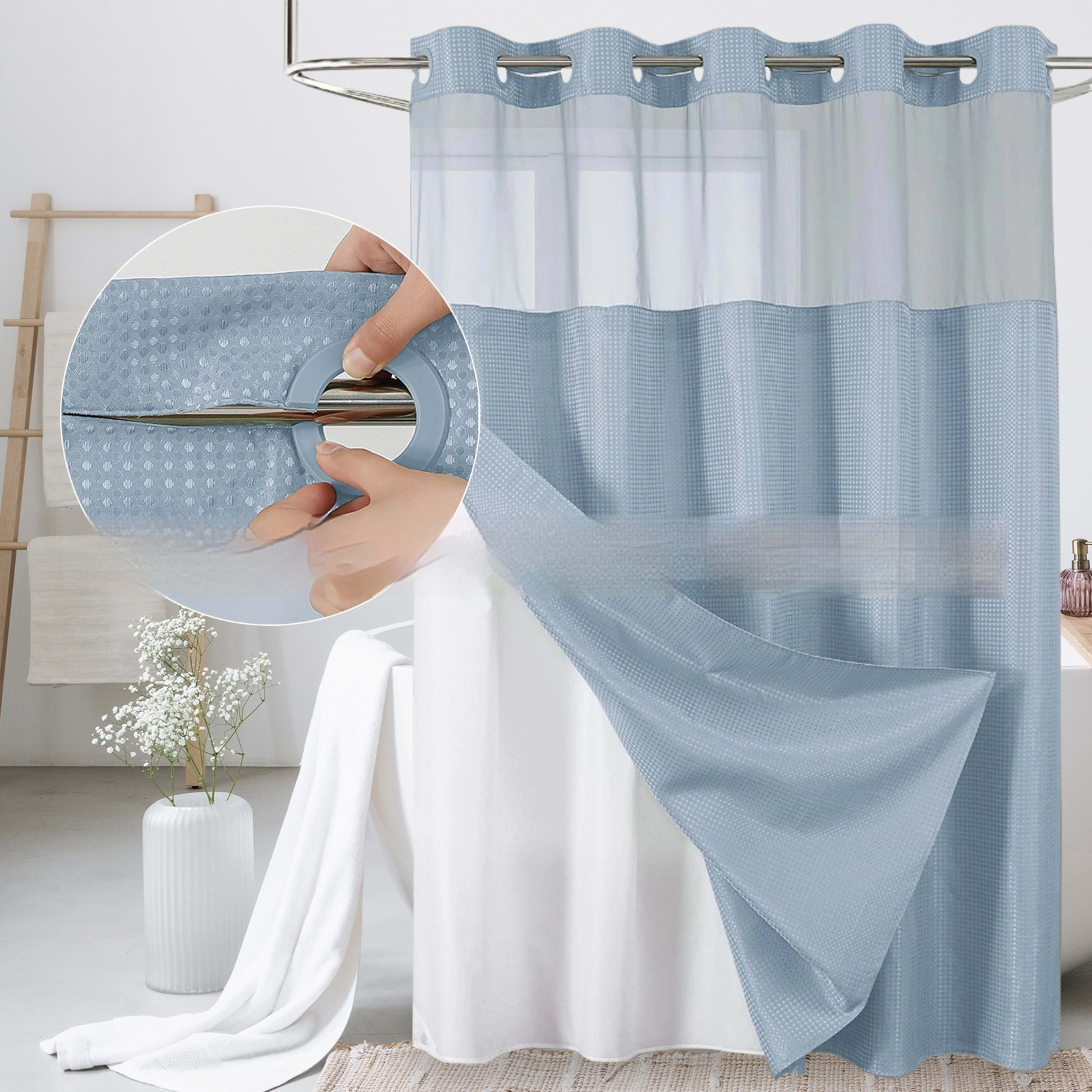 Solid-color Waffle-patterned Double-layer Large-loop-lined Shower Curtain 19