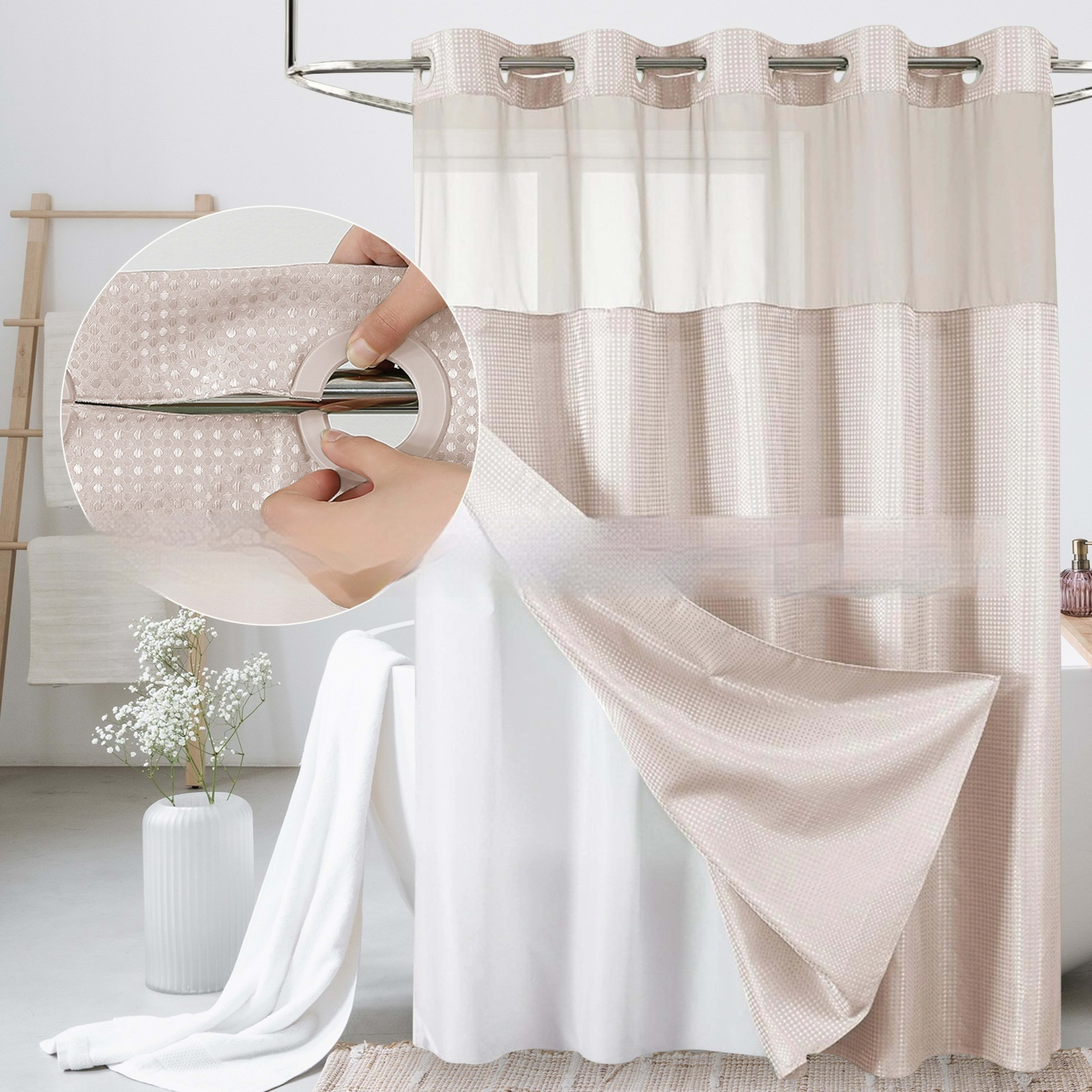 Solid-color Waffle-patterned Double-layer Large-loop-lined Shower Curtain 4