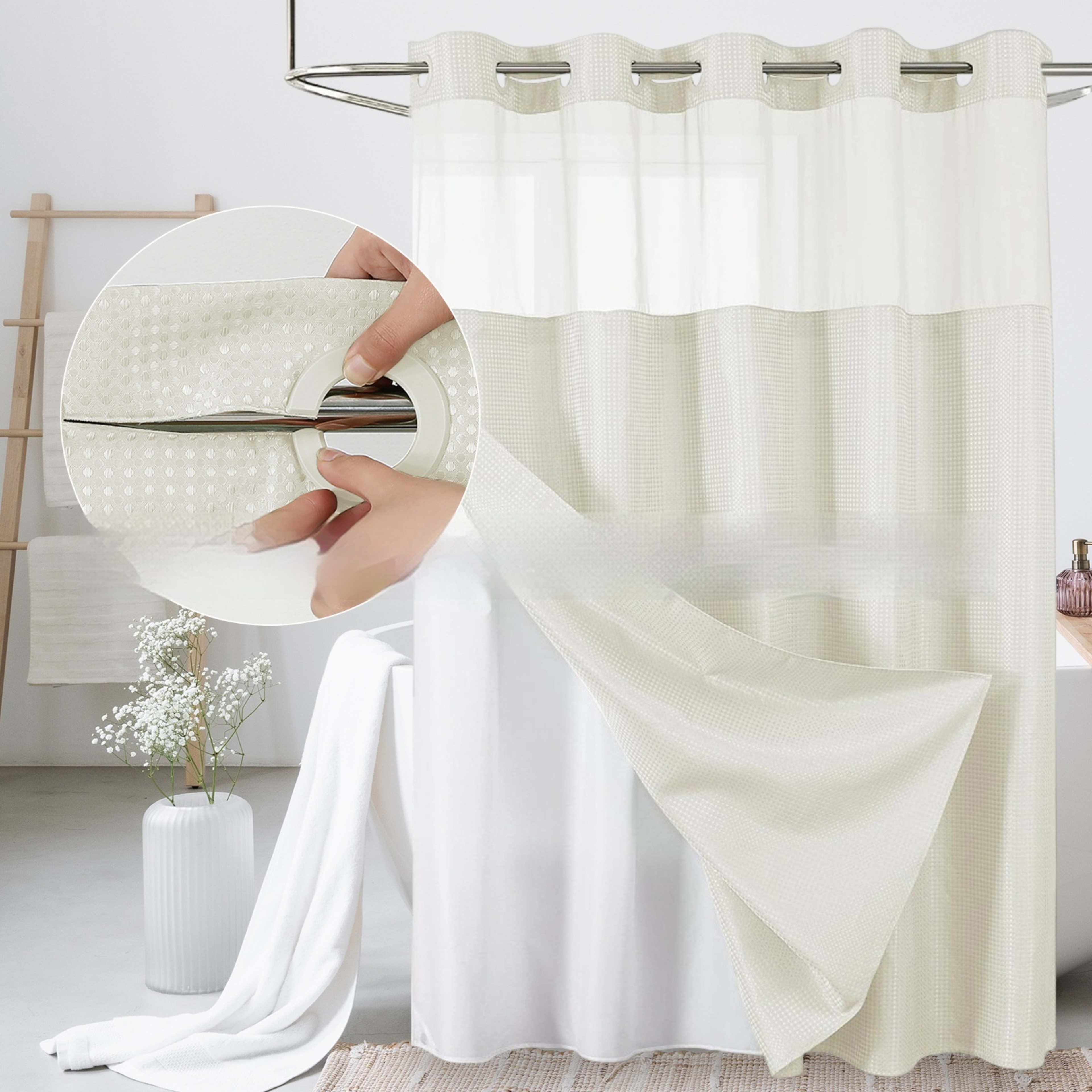 Solid-color Waffle-patterned Double-layer Large-loop-lined Shower Curtain 11