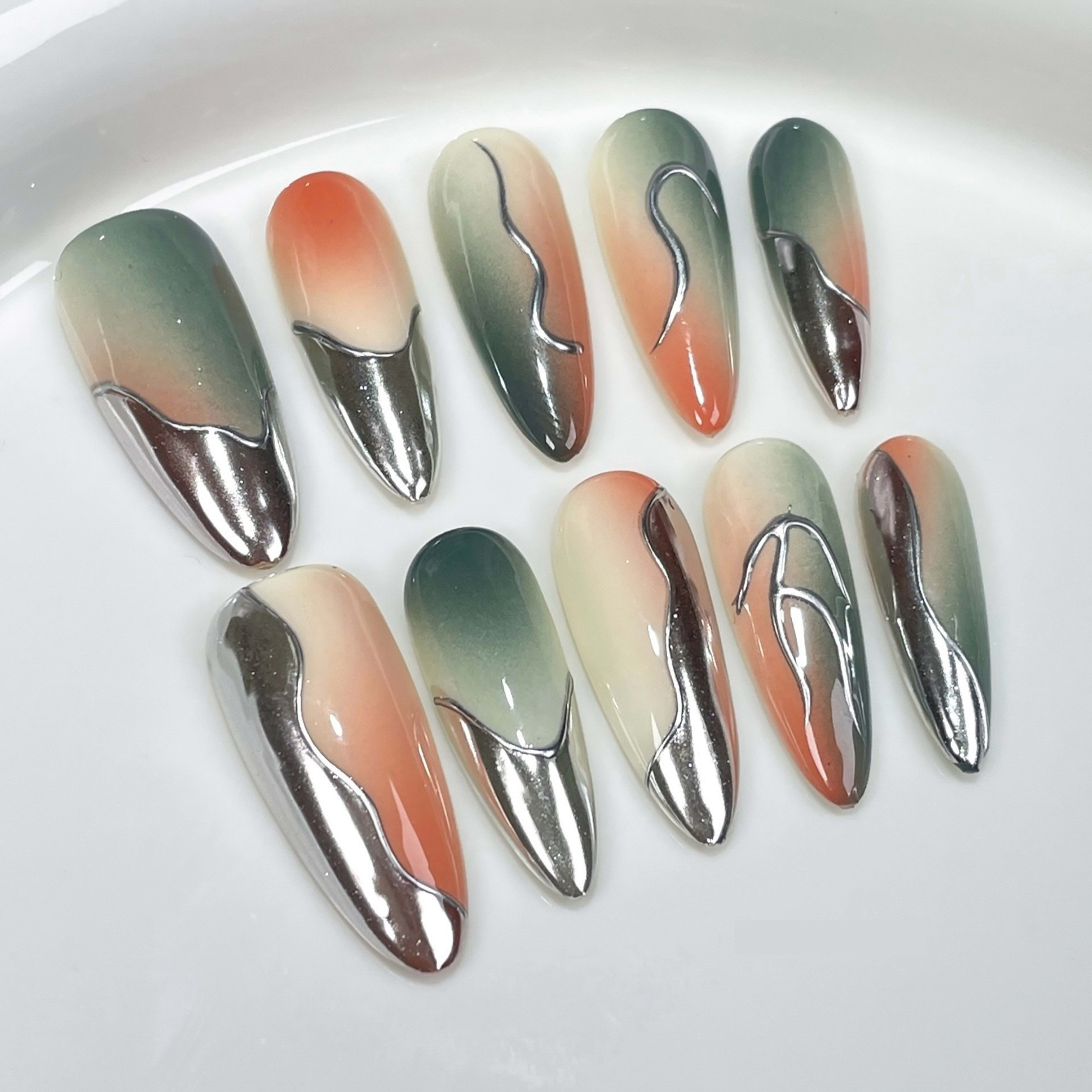 Airbrush Gradient Nail Art With Irregular Metallic Designs 5