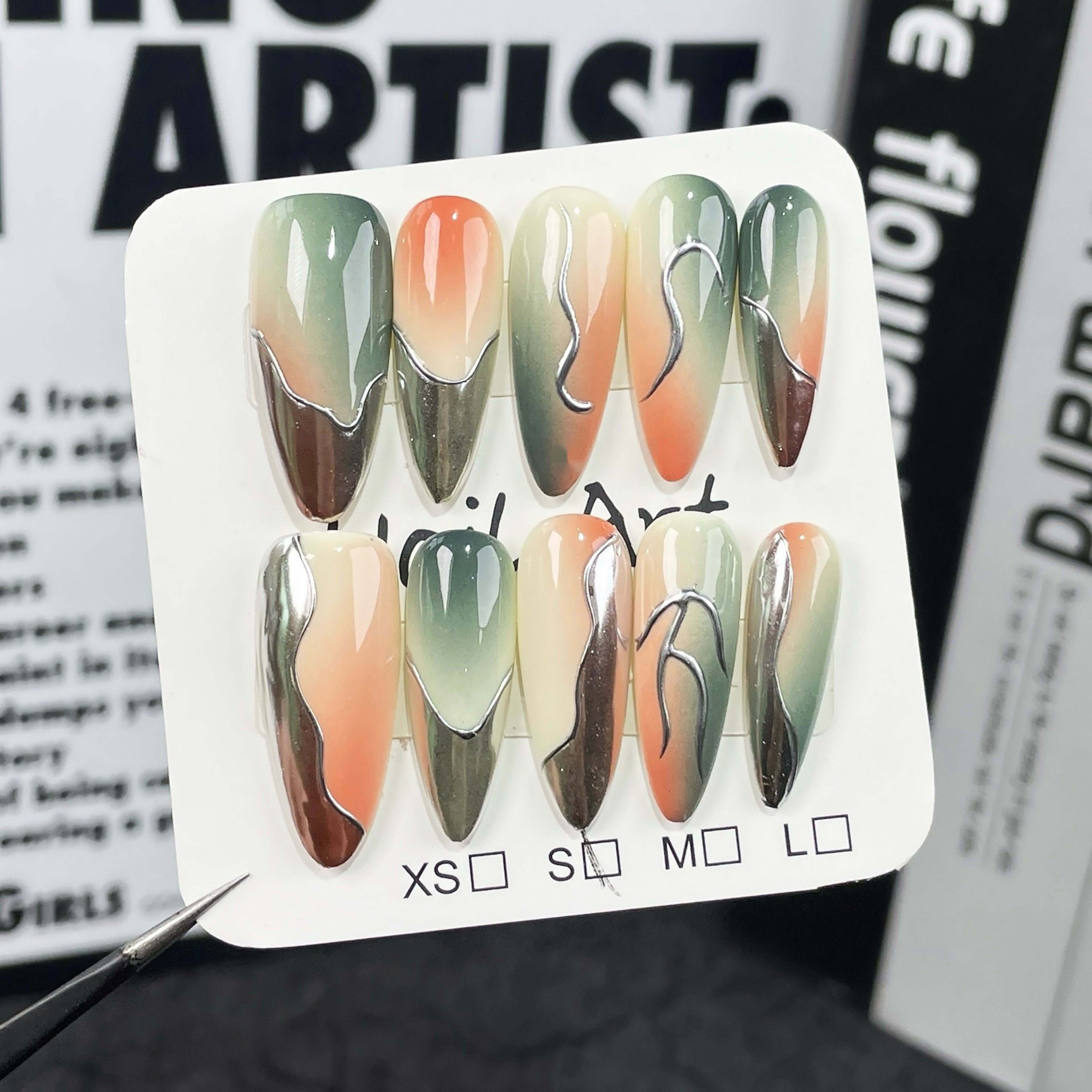 Airbrush Gradient Nail Art With Irregular Metallic Designs 2