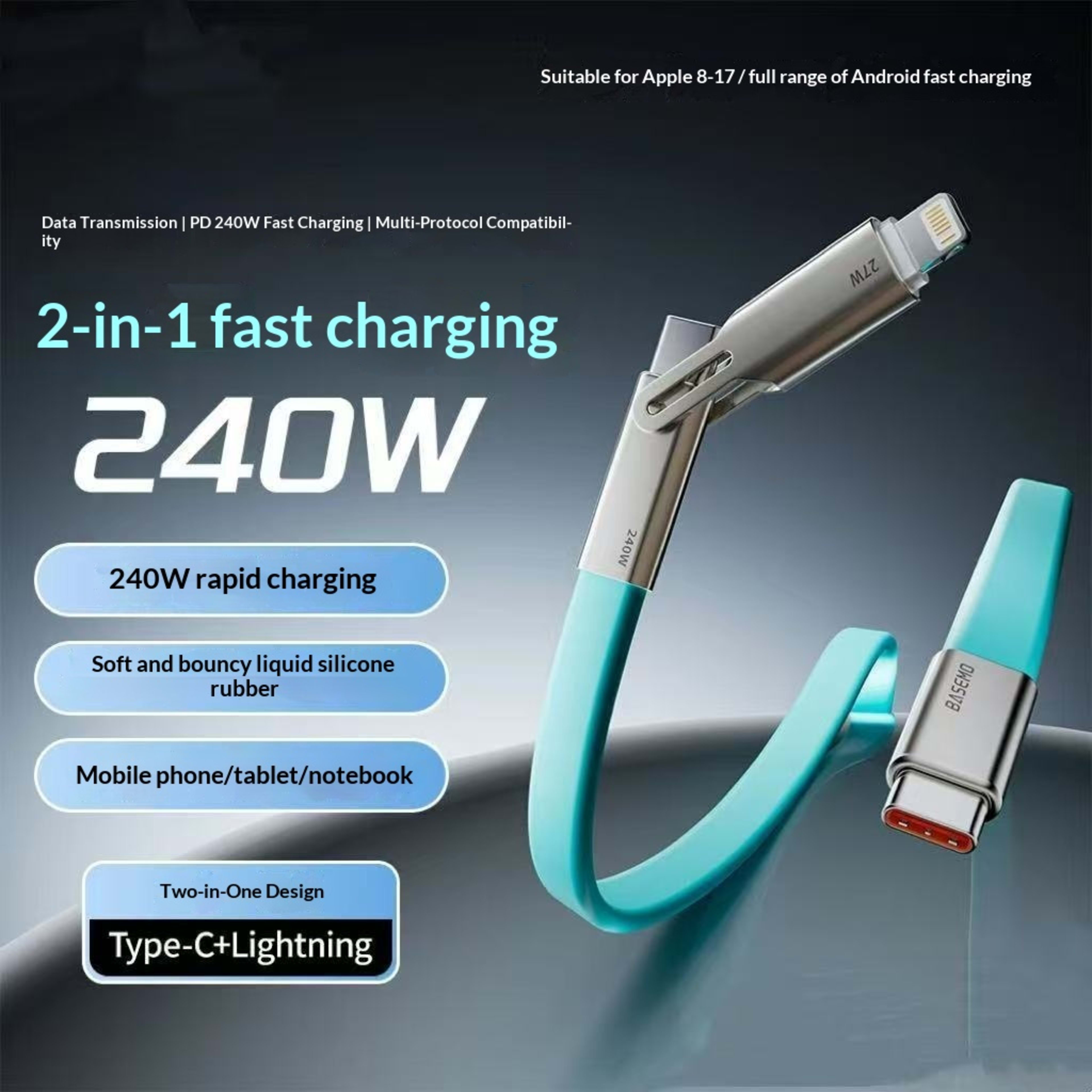 240W Multi-Protocol Fully Compatible 2-in-1 Charging Cable With Silicone 7