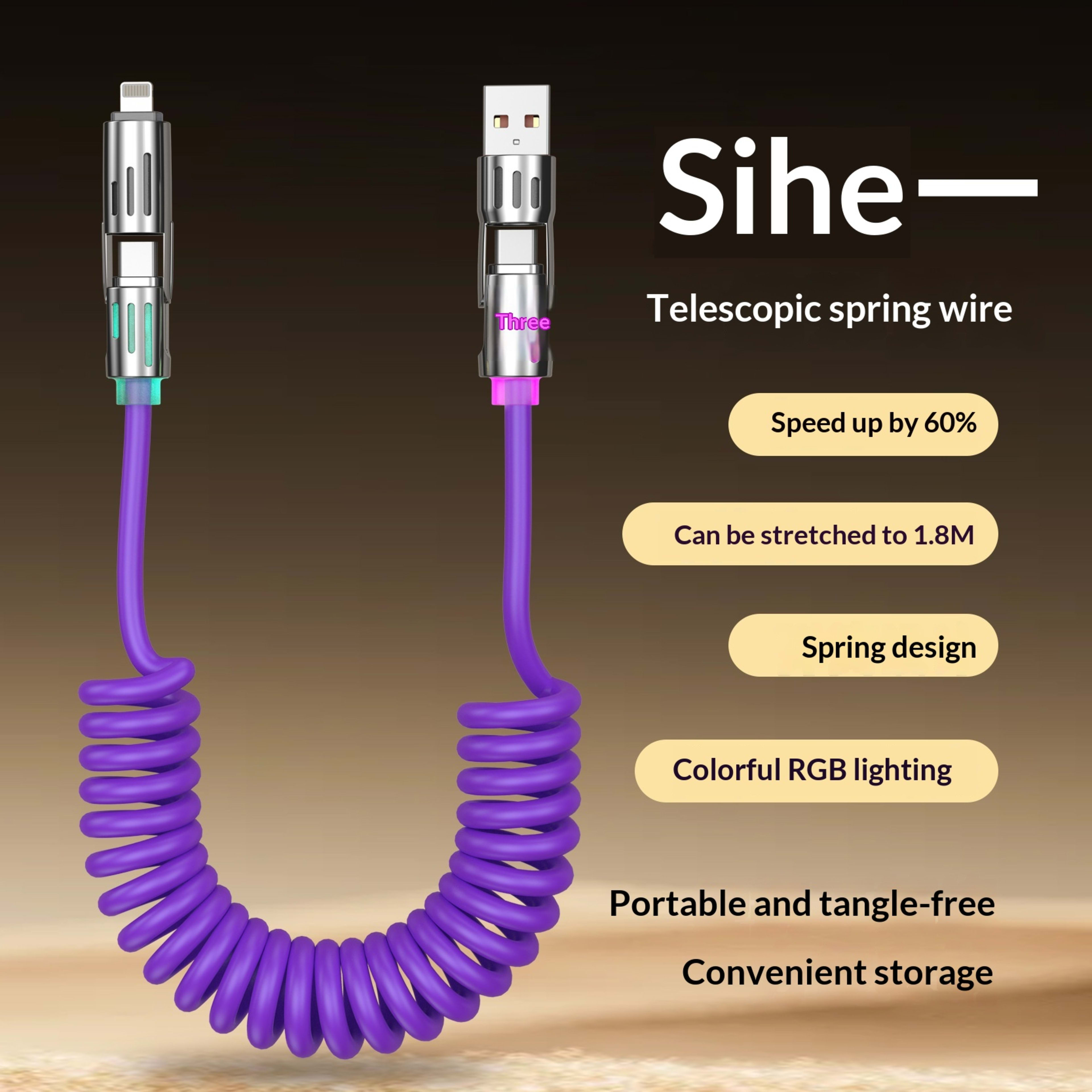 Phone Cable Spring Light Bar 4-in-1 65W Data Cable 6