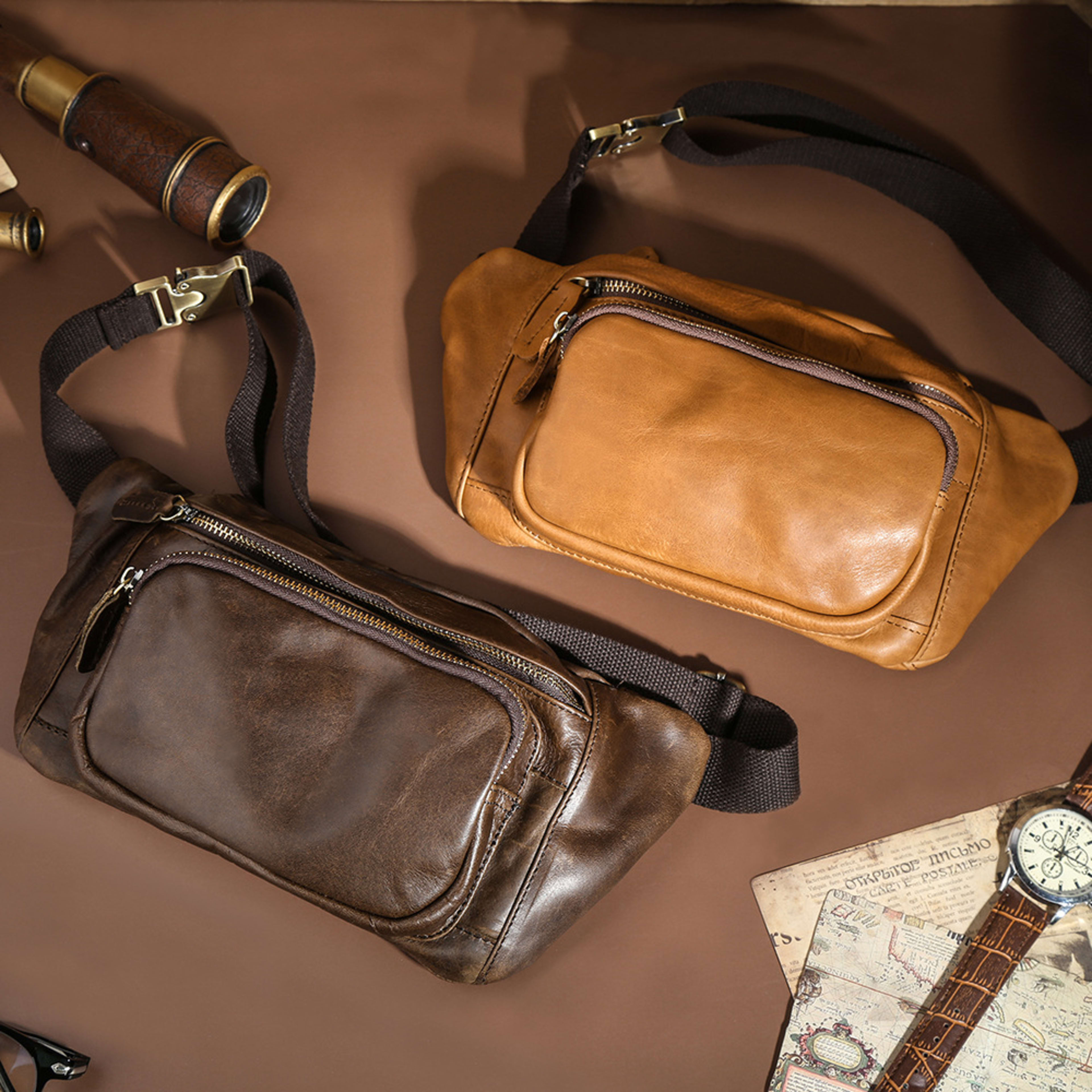 Simple Retro First-Layer Cowhide Mens Chest Bag 3