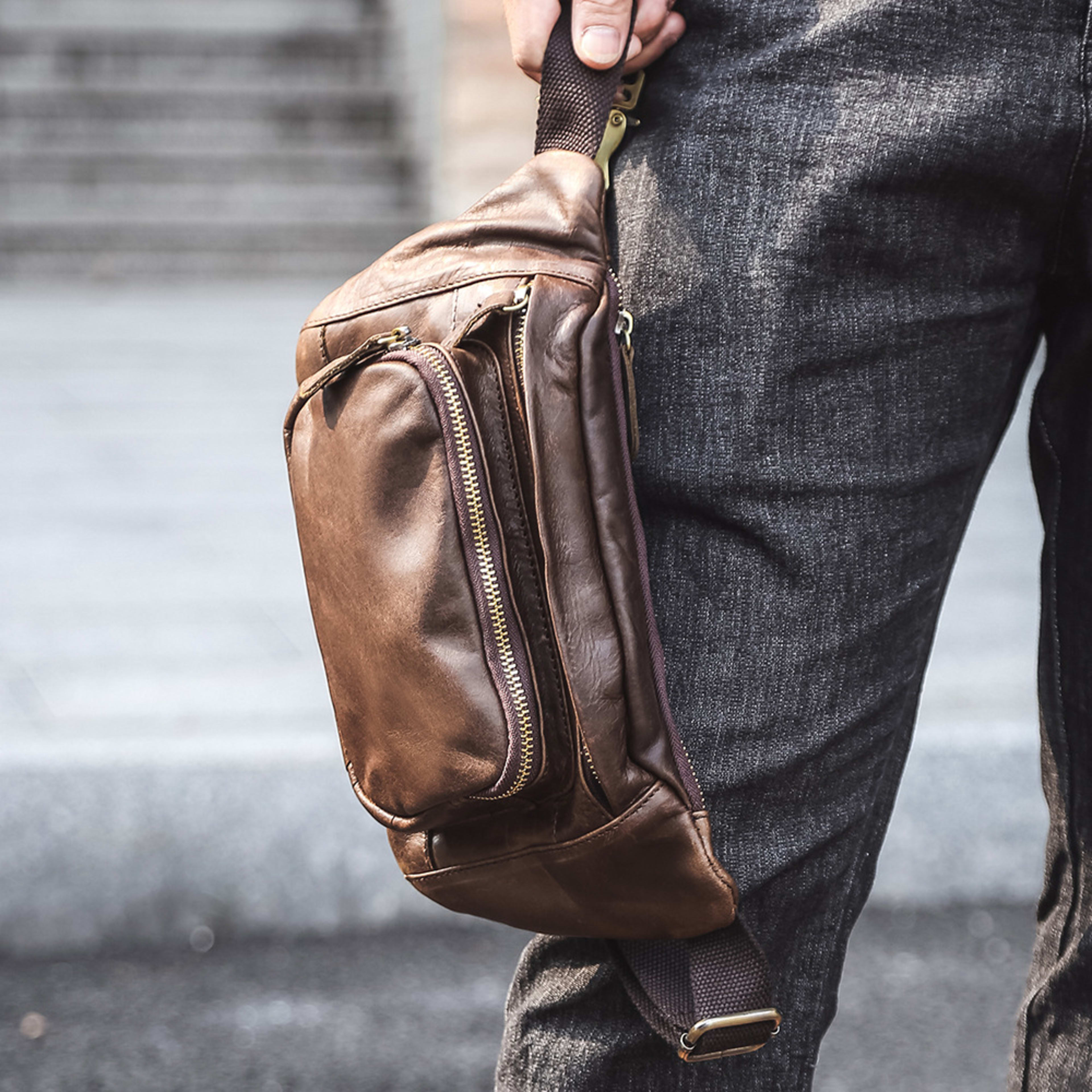 Simple Retro First-Layer Cowhide Mens Chest Bag 5