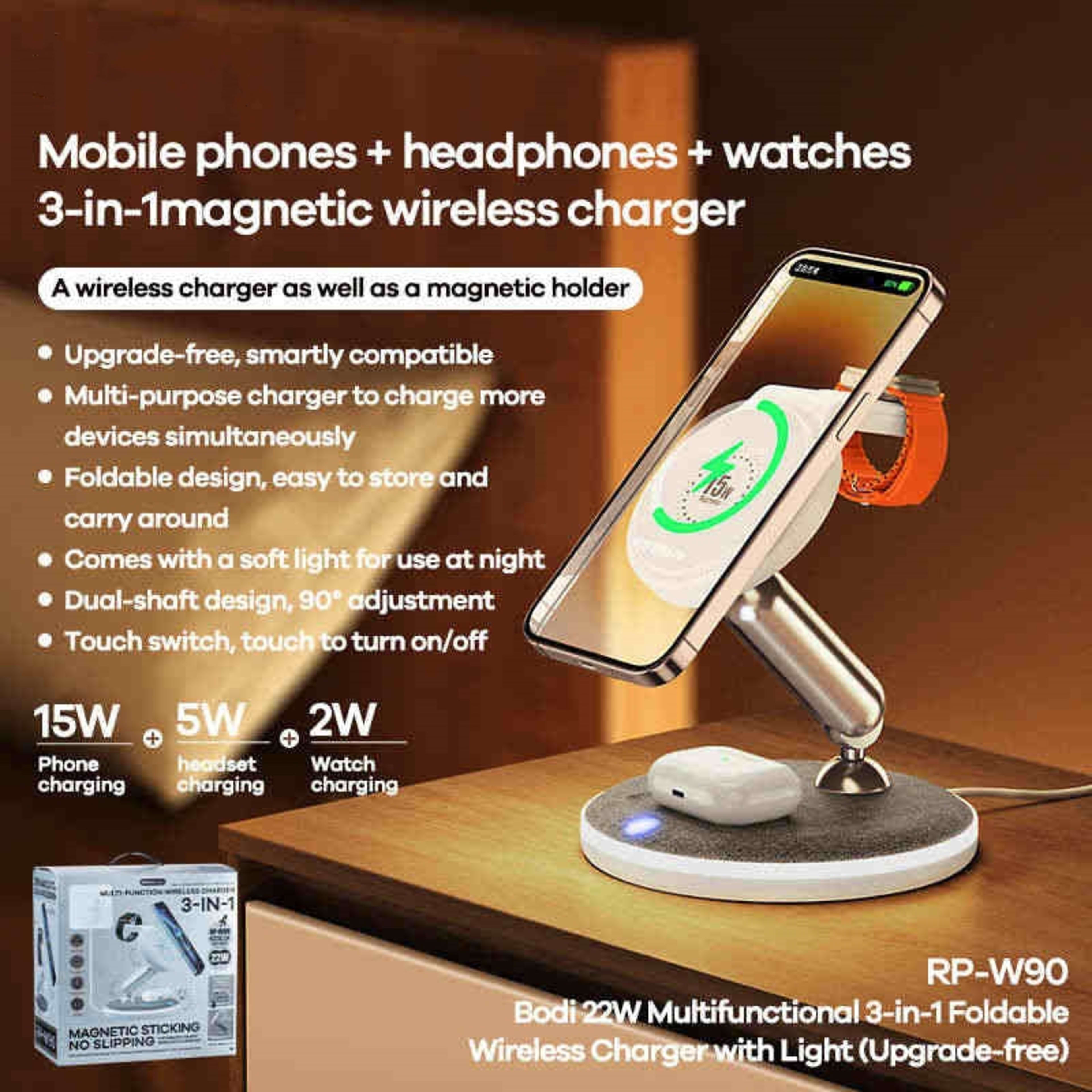 Multifunctional Wireless Desktop W90 3-in-1 Charger With Light 5