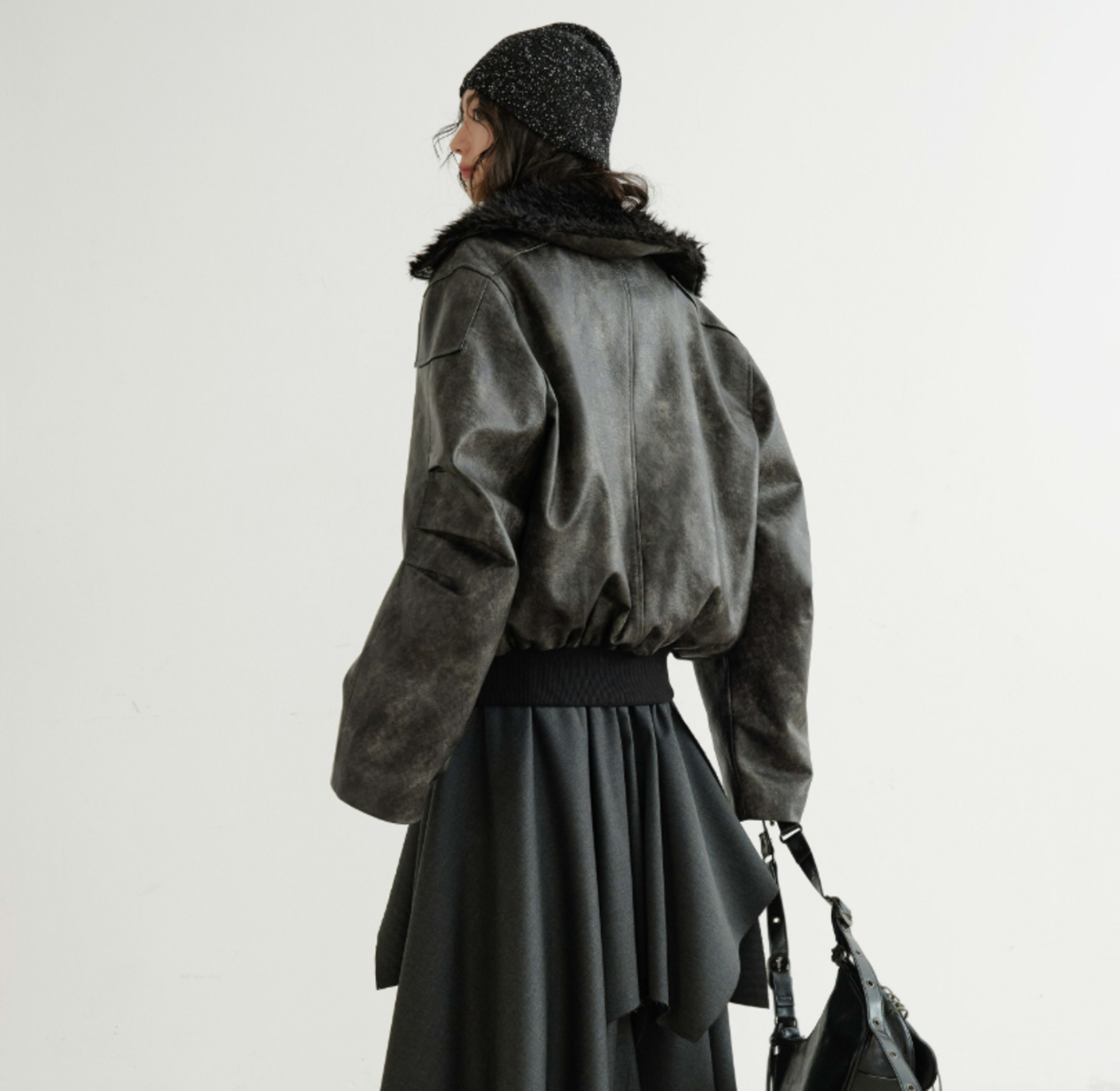 Turtleneck Smoky-blend PU Faux Leather Jacket
