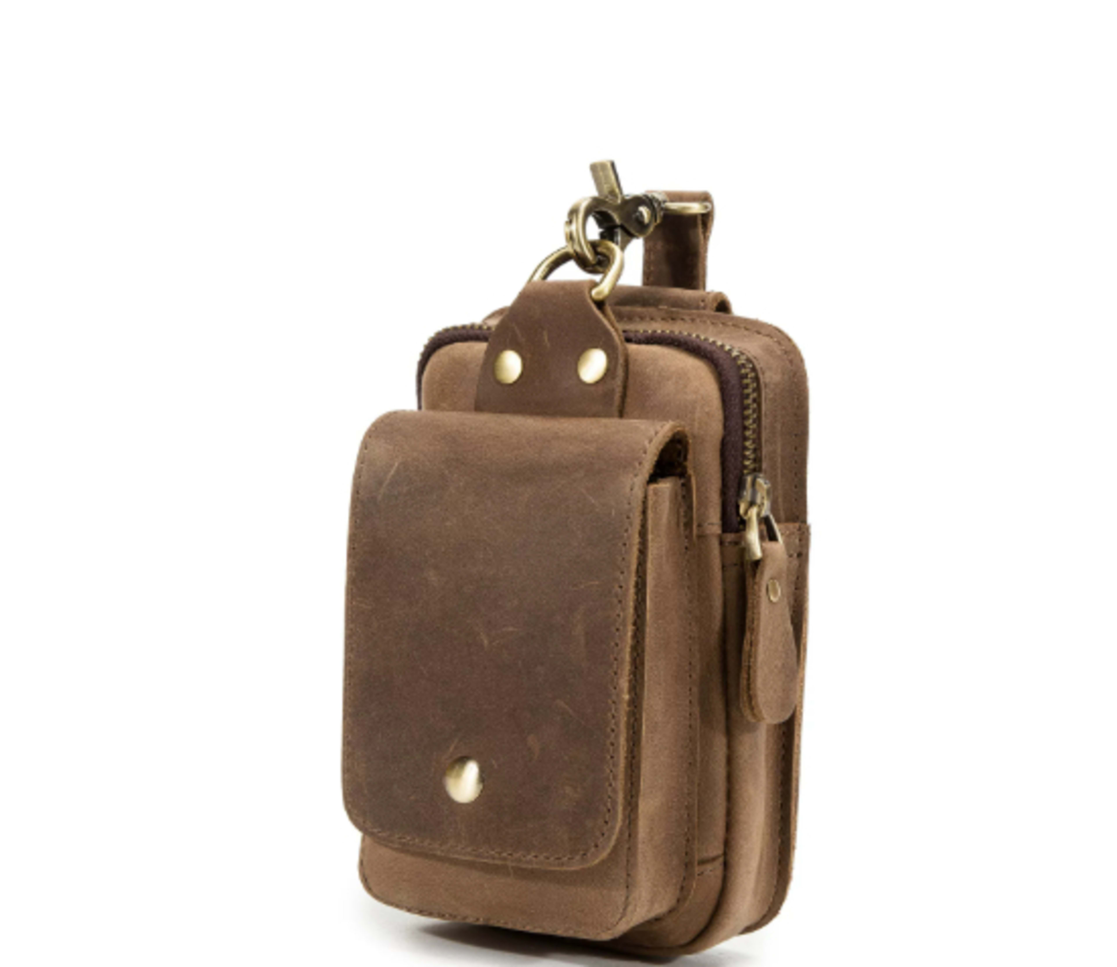 Retro Top Layer Cowhide Phone Bag, Crazy Horse Leather Men's Belt Waist Bag 5