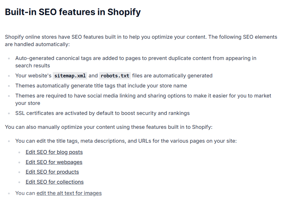 Built in SEO Features in Shopify