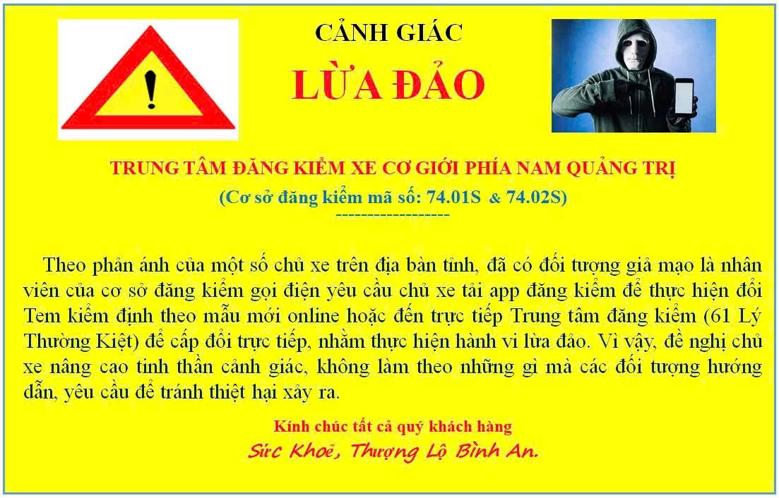 Cảnh báo của Trung tâm Đăng kiểm xe cơ giới phía Nam Quảng Trị về hành vi lừa đảo đổi tem kiểm định xe trực tuyến - Ảnh: L.T