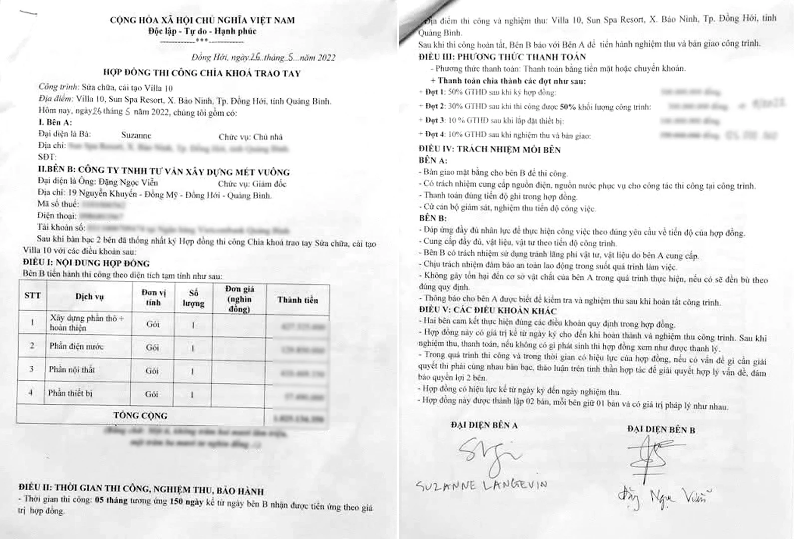 Hợp đồng thi công theo hình thức “chìa khóa trao tay” giữa bà Langevin Suzanne và Công ty TNHH Tư vấn Xây dựng Mét Vuông - Ảnh: D.C.H
