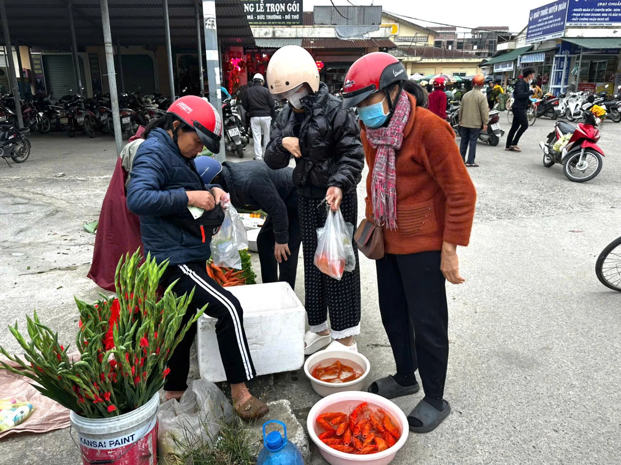 Người dân chọn mua cá chép đỏ làm lễ tiễn ông Công ông Táo về chầu trời - Ảnh: T.T