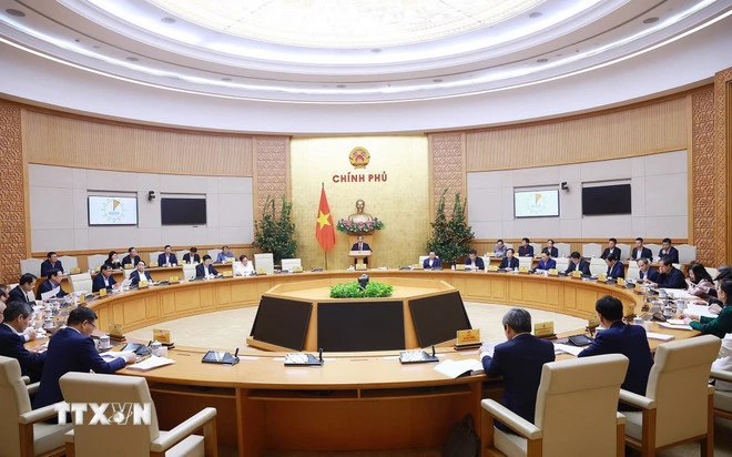 Thủ tướng Phạm Minh Chính chủ trì phiên họp Chính phủ chuyên đề về xây dựng pháp luật tháng 2/2026. (Ảnh: Dương Giang/TTXVN)
