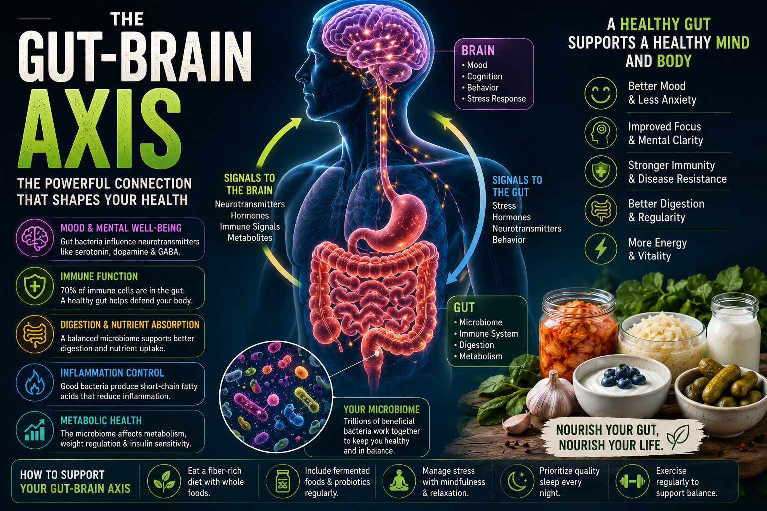 Gut brain connection and microbiome communication illustration