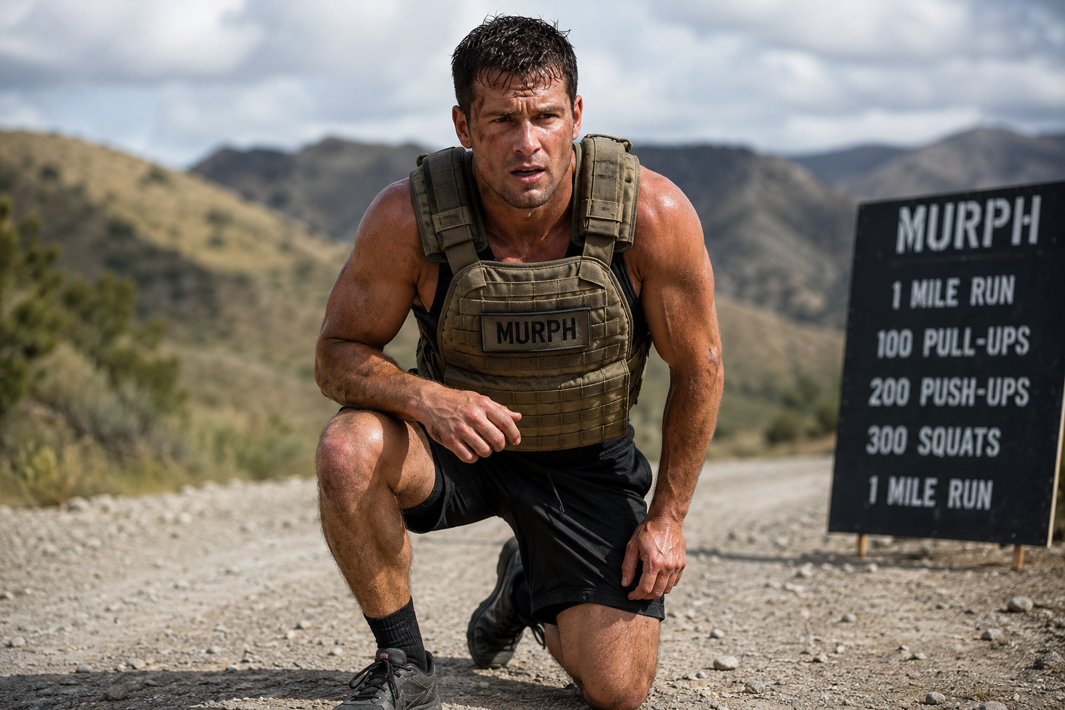 Athlete performing Murph workout training outdoors with weighted vest