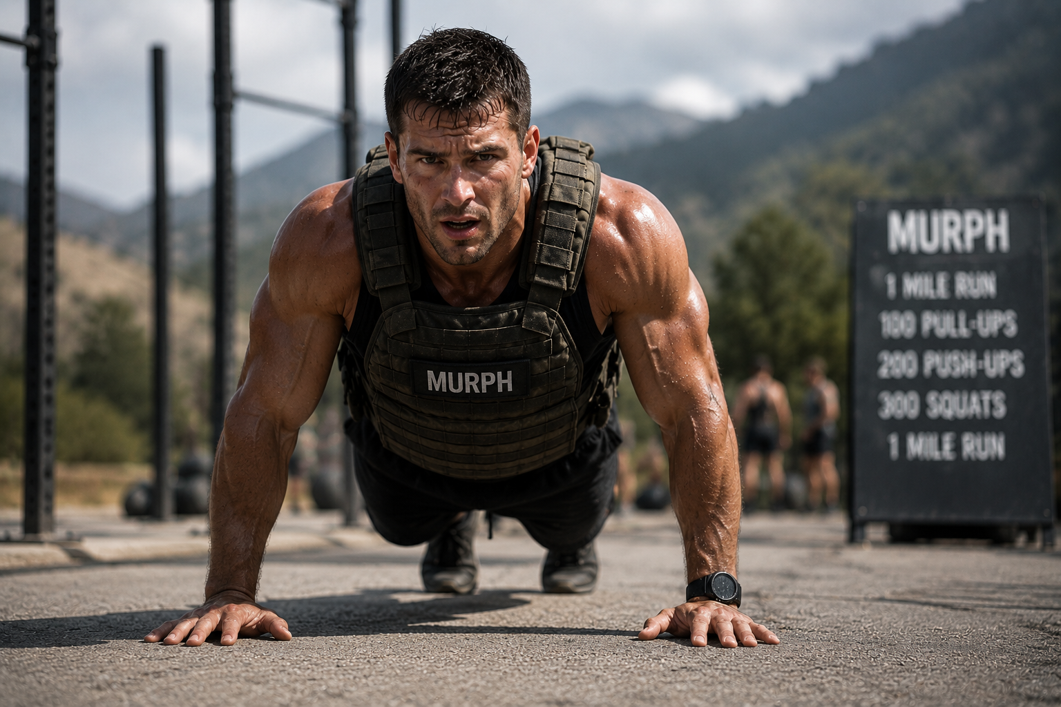 Athlete wearing weighted vest during Murph challenge workout
