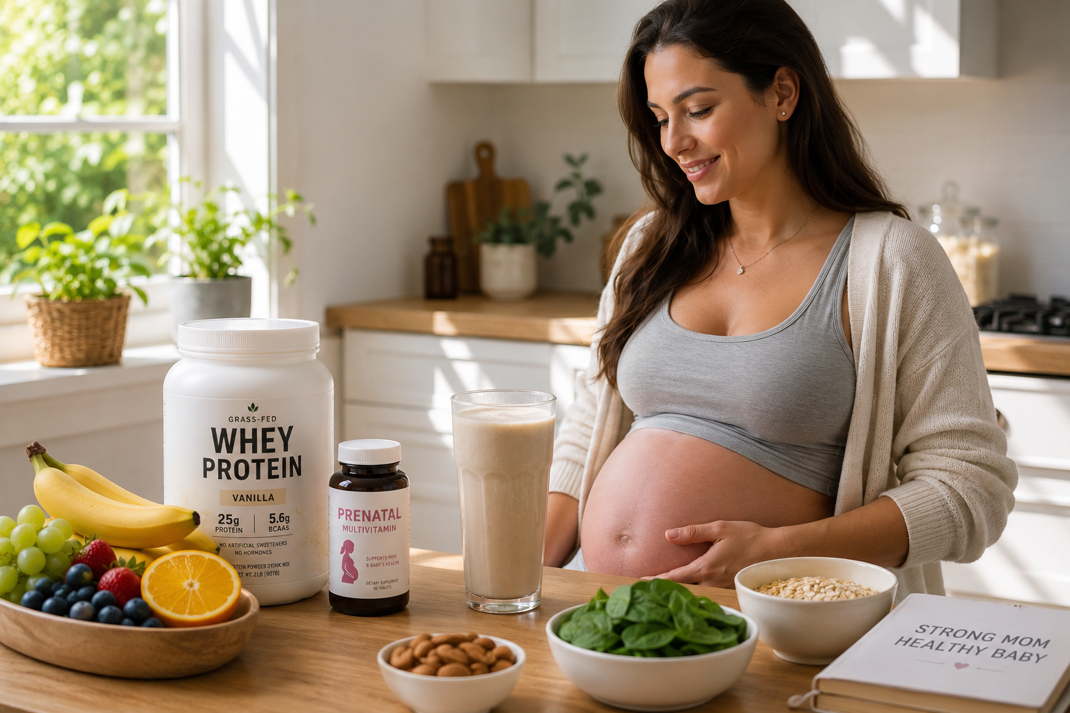 DALL-E prompt: Pregnant woman with whey protein shake, maternal nutrition, realistic detailed, safe protein supplementation