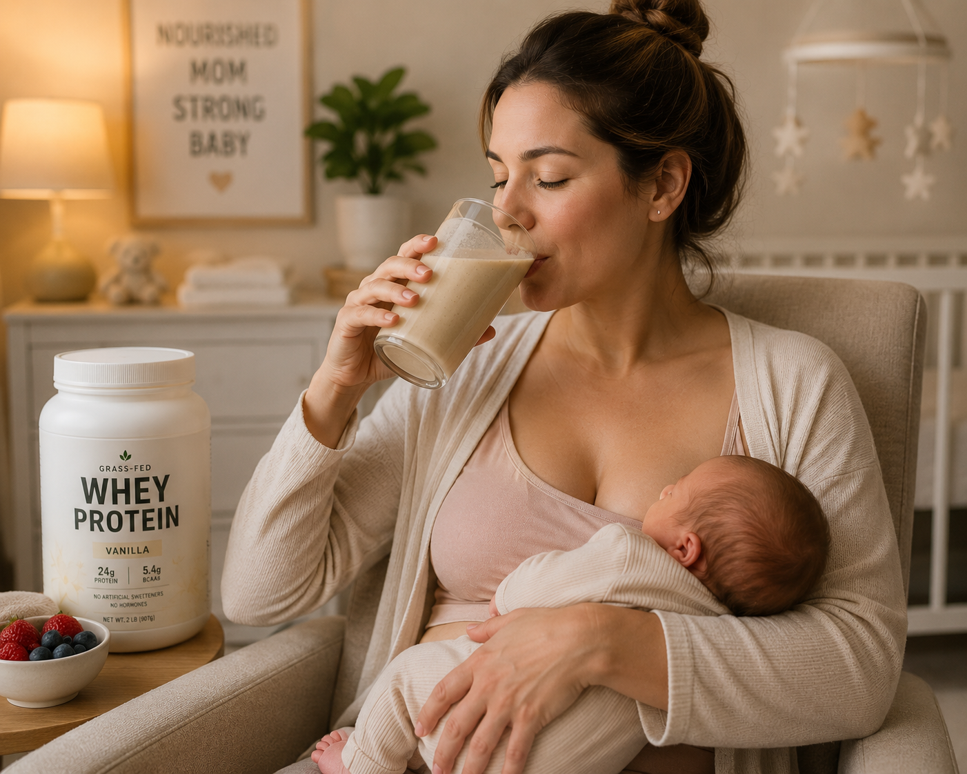 DALL-E prompt: Lactating mother holding newborn, drinking protein shake, safe nutrition for breastfeeding, realistic emotional scene