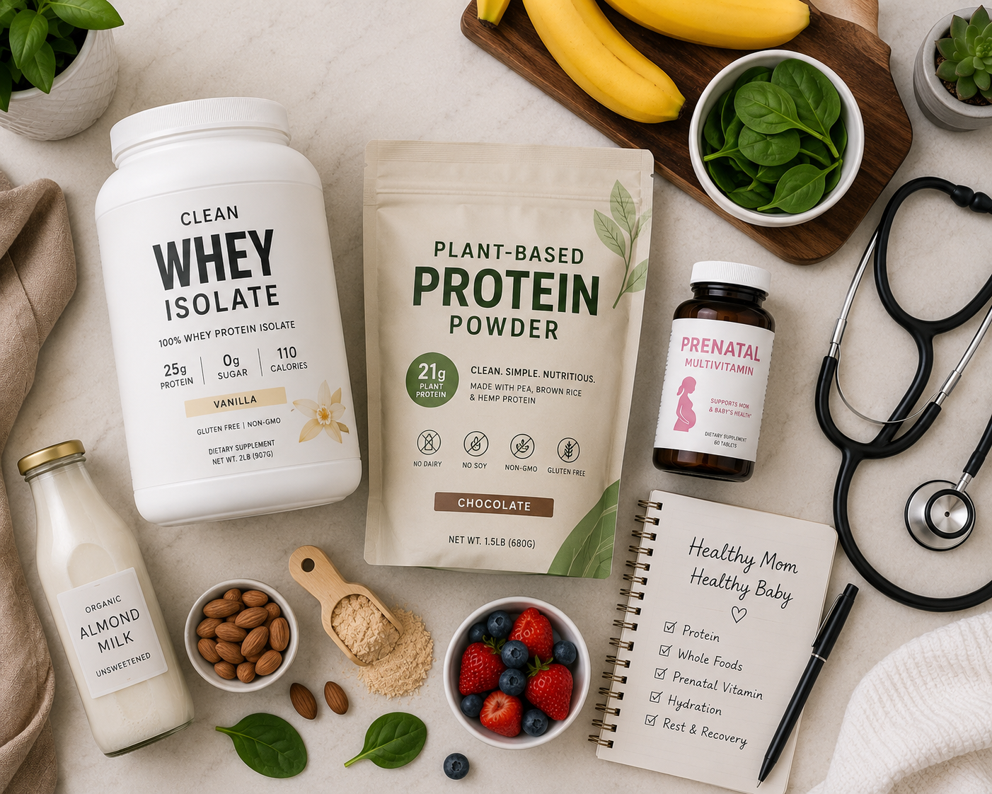 DALL-E prompt: Flat lay of clean protein powders, fresh pregnancy-safe ingredients, prenatal vitamin, stethoscope, informed maternal nutrition
