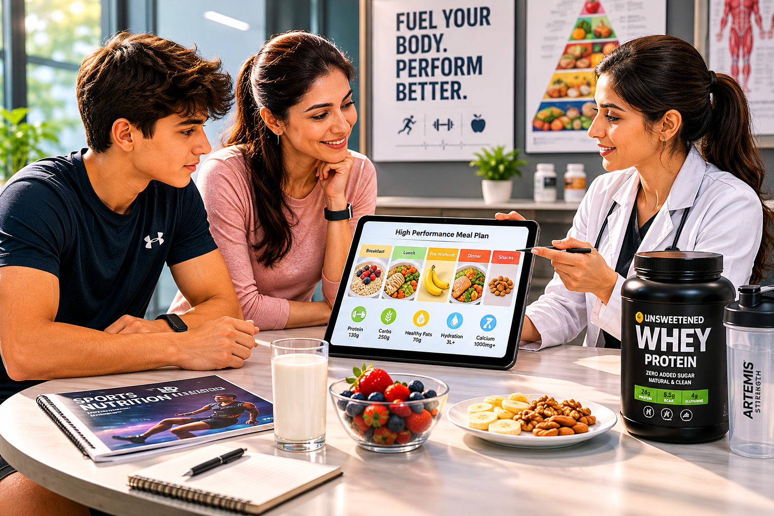 A focused young athlete and a parent consulting a sports dietitian in a bright, modern clinic, realistic, soft lighting, health magazine style