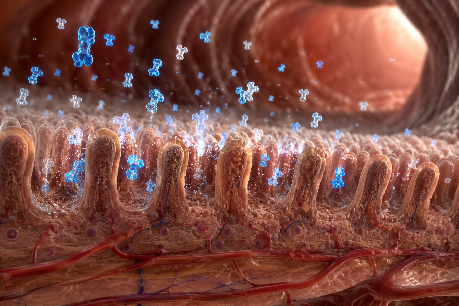 Photorealistic 3D cross-section of intestinal villi absorbing whey protein peptides, showing beta-lactoglobulin and alpha-lactalbumin structures, scientific detail, nutrient transport visualization