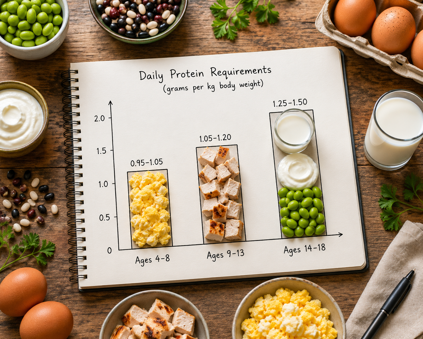 Infographic-style bar chart comparing daily protein requirements for children aged 4-8, 9-13, and 14-18, with images of common protein-rich foods like eggs, chicken, yogurt, and beans