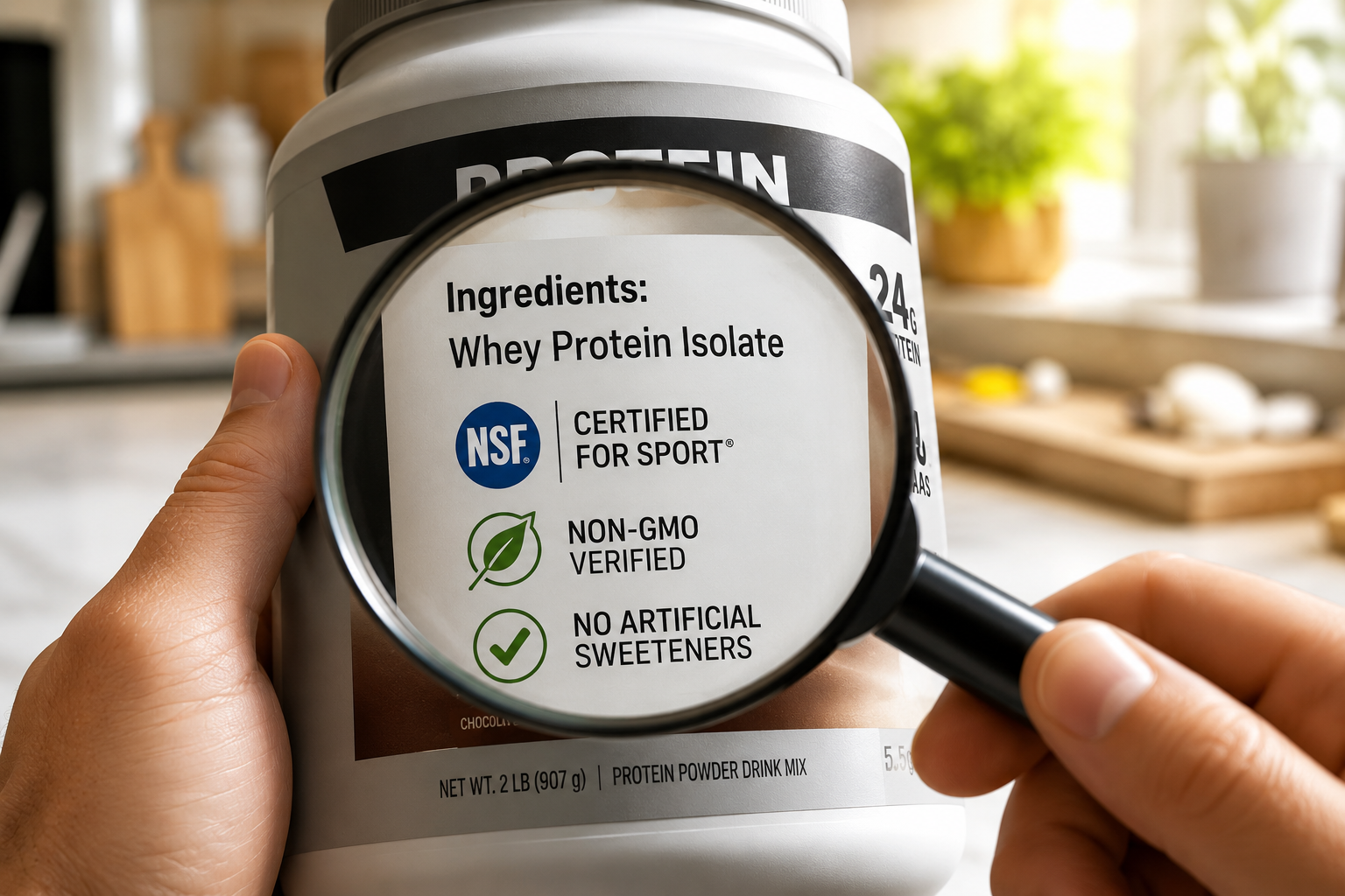 Close-up of a whey protein supplement label being examined with a magnifying glass, highlighting minimal ingredient list, NSF certified seal, no artificial sweeteners