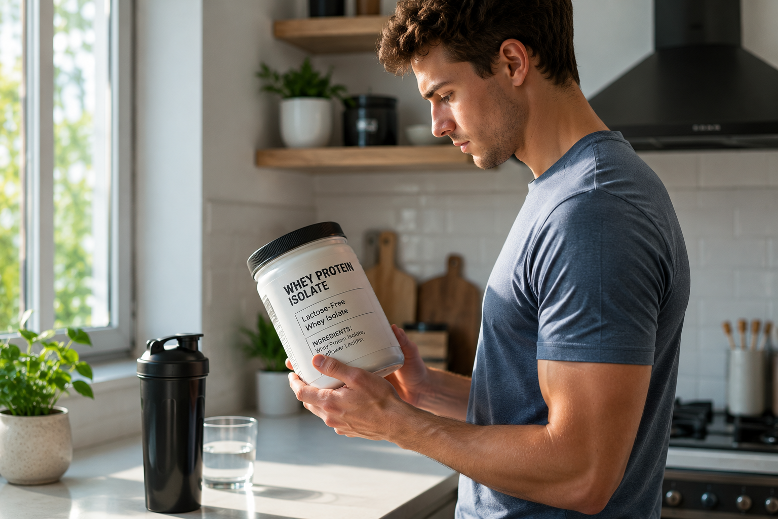 A young adult with lactose intolerance carefully reading the ingredients on a whey protein isolate container in a bright kitchen, realistic, soft natural lighting