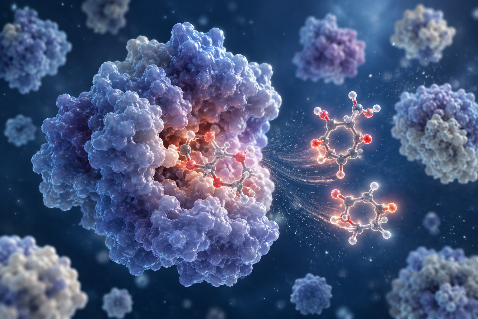 Scientific 3D illustration of a lactase enzyme molecule docking onto a lactose disaccharide, breaking it into glucose and galactose, with translucent whey protein particles floating in the background, photorealistic