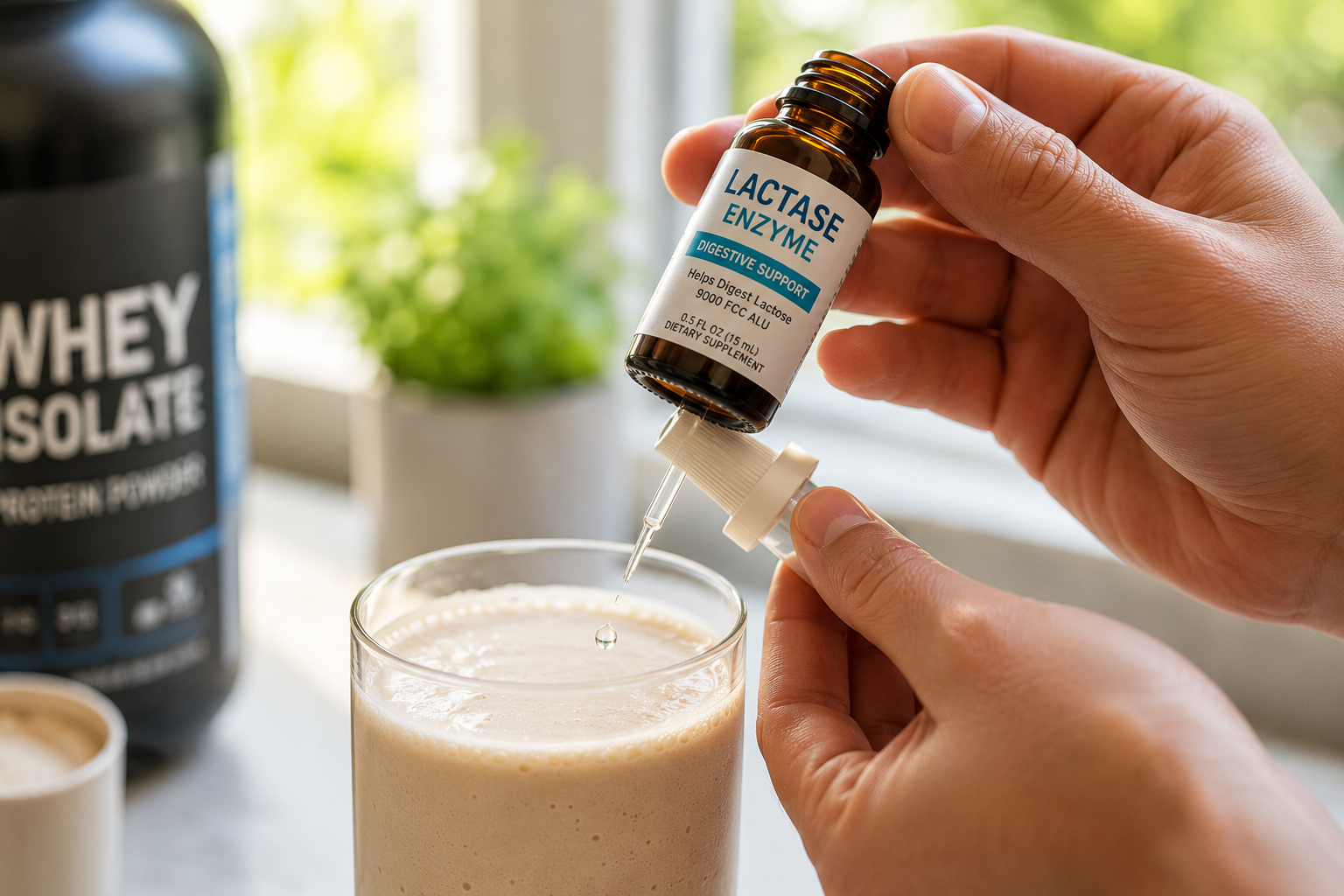 Close-up of hands dropping liquid lactase enzyme into a glass of mixed whey protein shake on a kitchen counter, morning light, sharp focus on the dropper, realistic editorial style