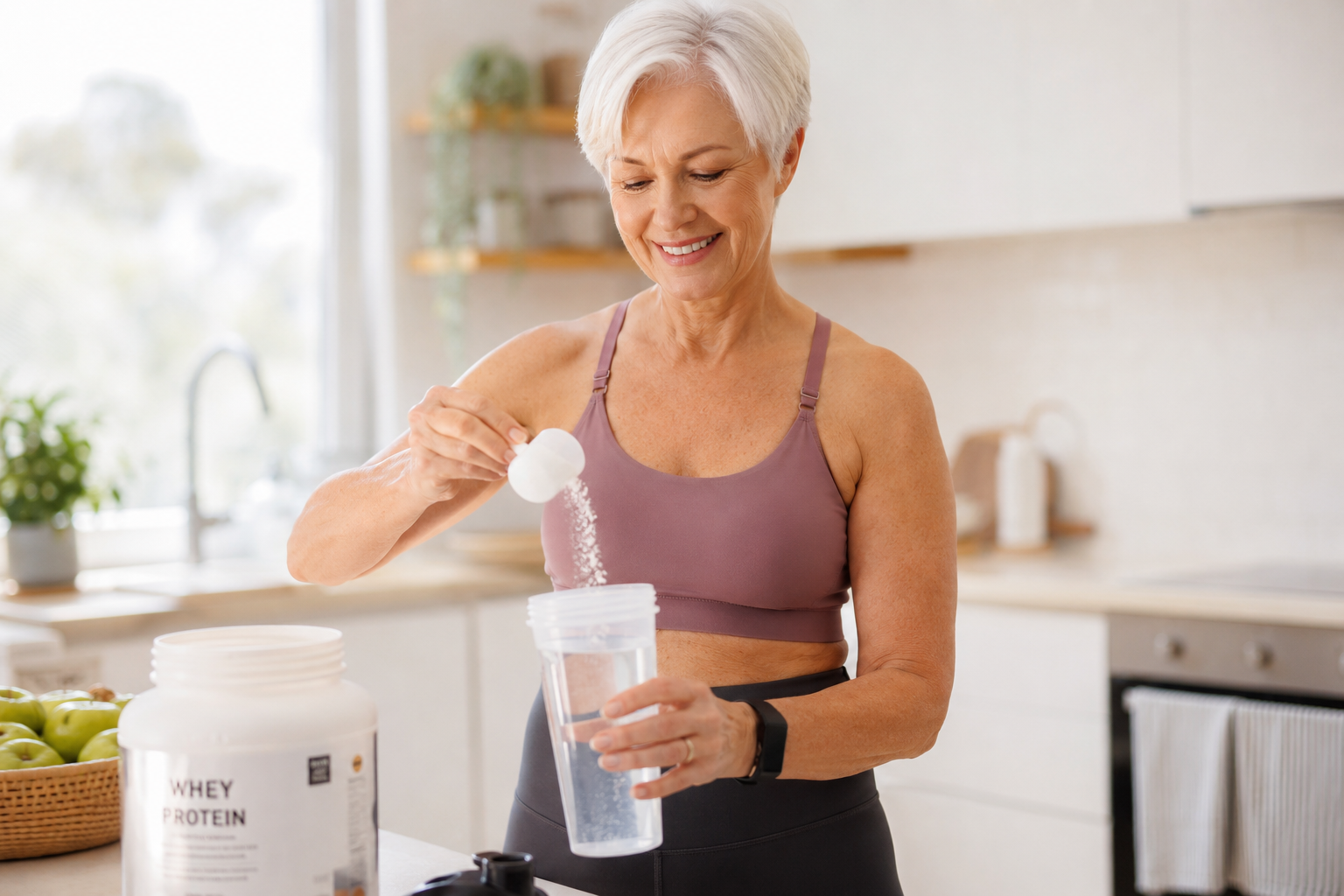 Active older woman preparing a whey protein shake in a sunny kitchen, showing that seniors can safely use protein supplements