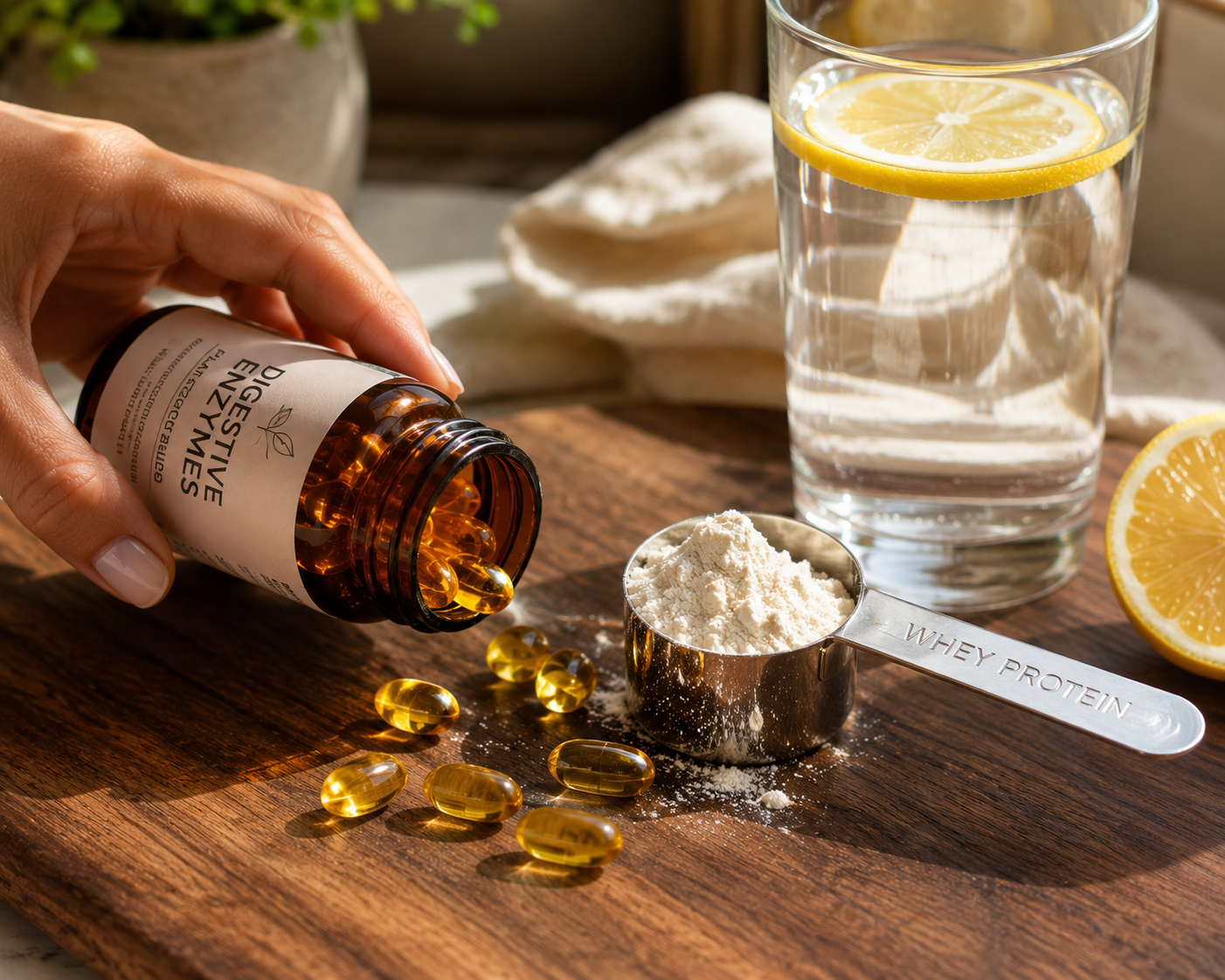 Digestive enzyme capsules poured next to a scoop of whey protein, illustrating how to combine supplements for better gut tolerance