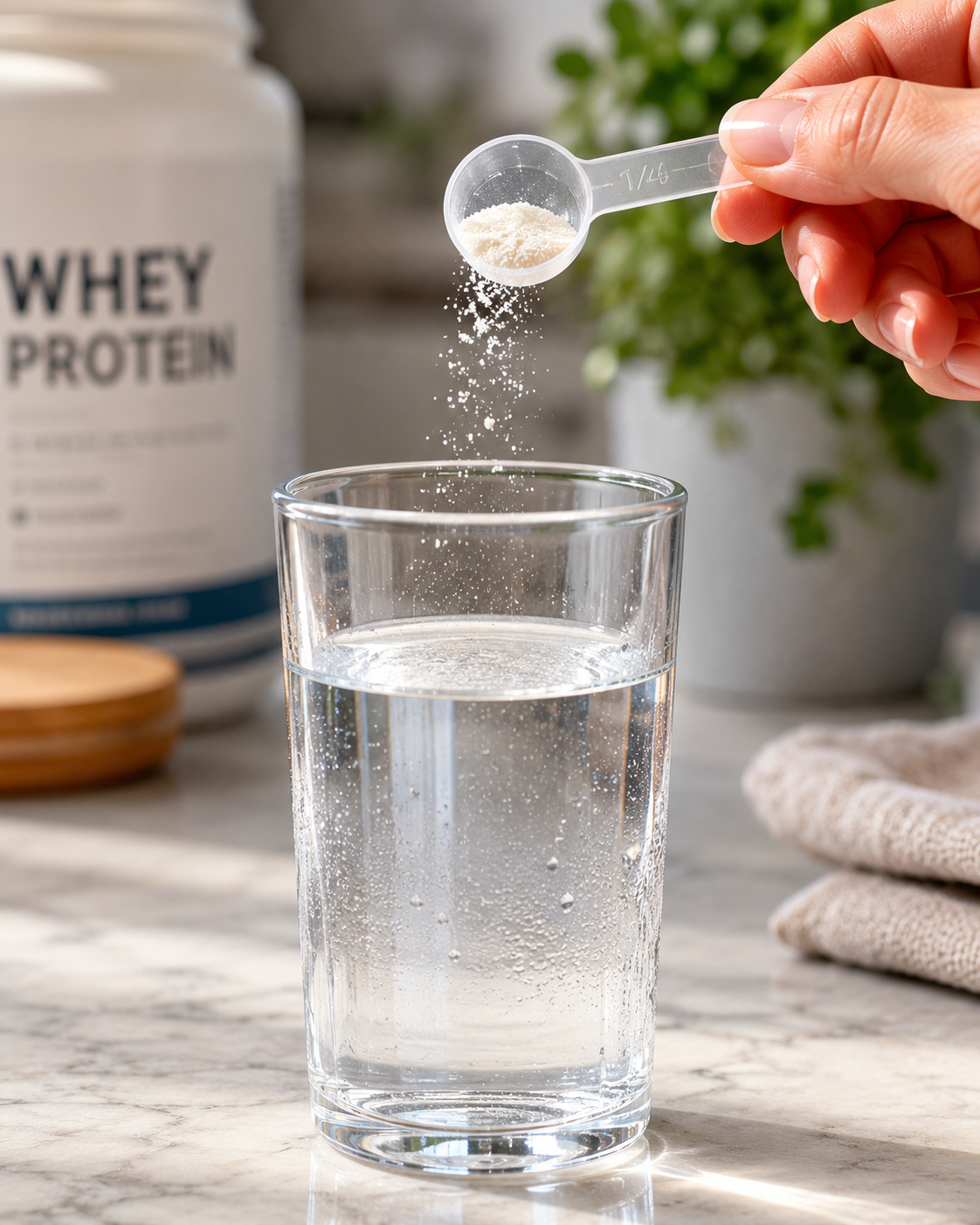 Close-up of a tiny amount of whey powder in a scoop demonstrating how to start with a small dose for sensitive stomachs