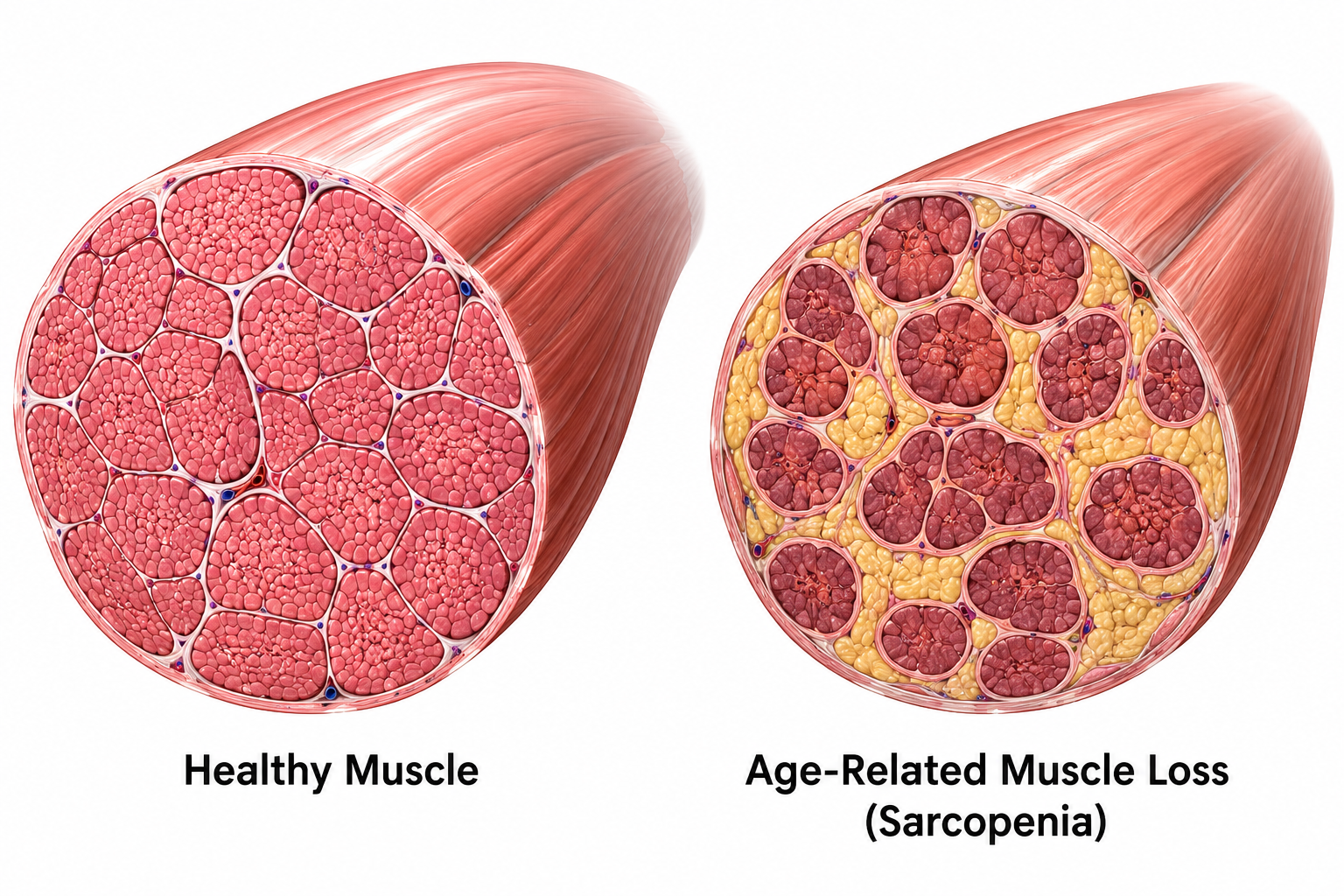 Medical illustration contrasting healthy young muscle fibers with age-related muscle loss sarcopenia in older adults