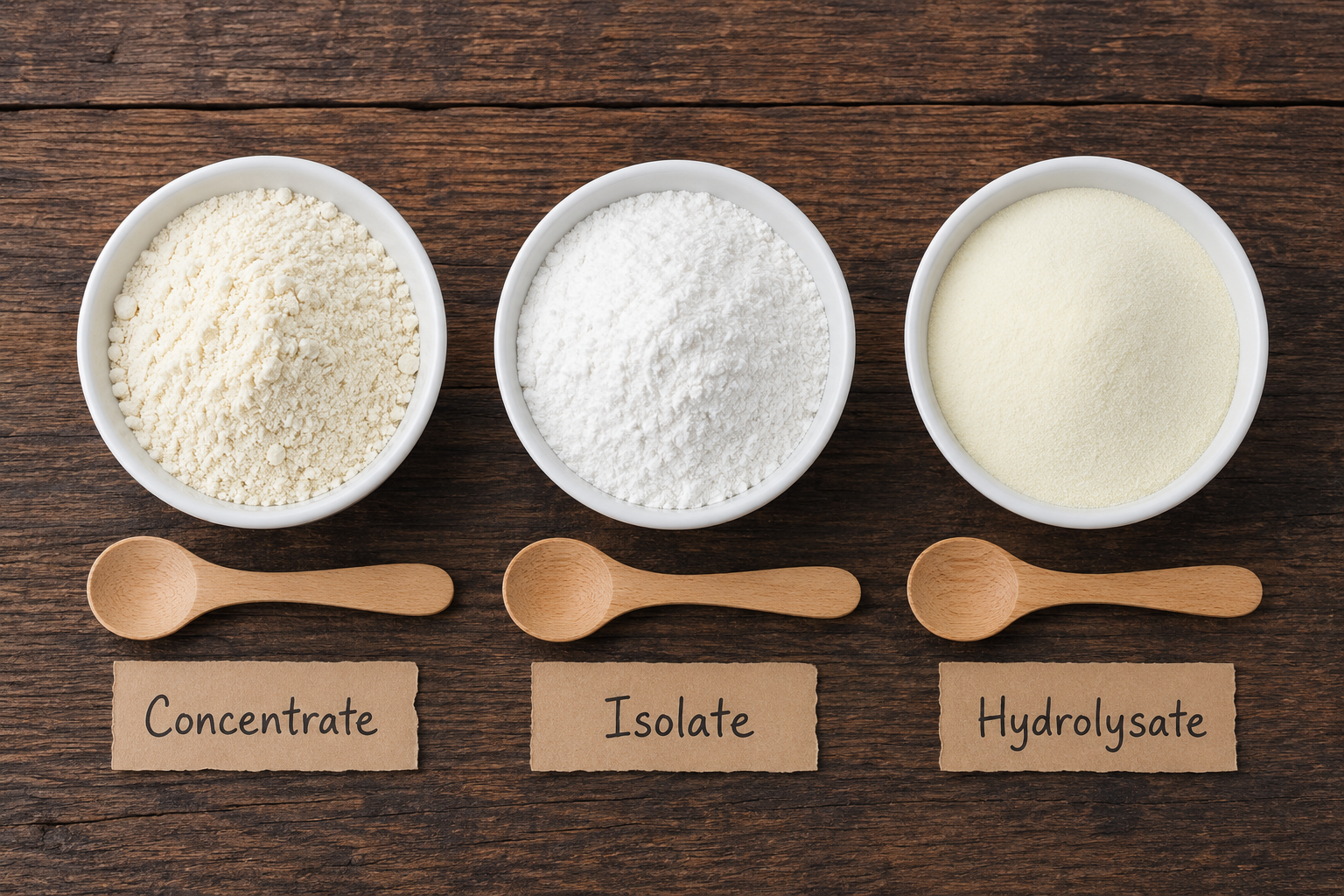 Three bowls of whey protein powders concentrate isolate and hydrolysate comparing texture and appearance for elderly digestion