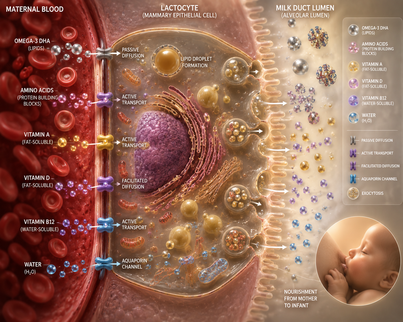 Nutrient transfer from maternal blood to breast milk through lactocytes