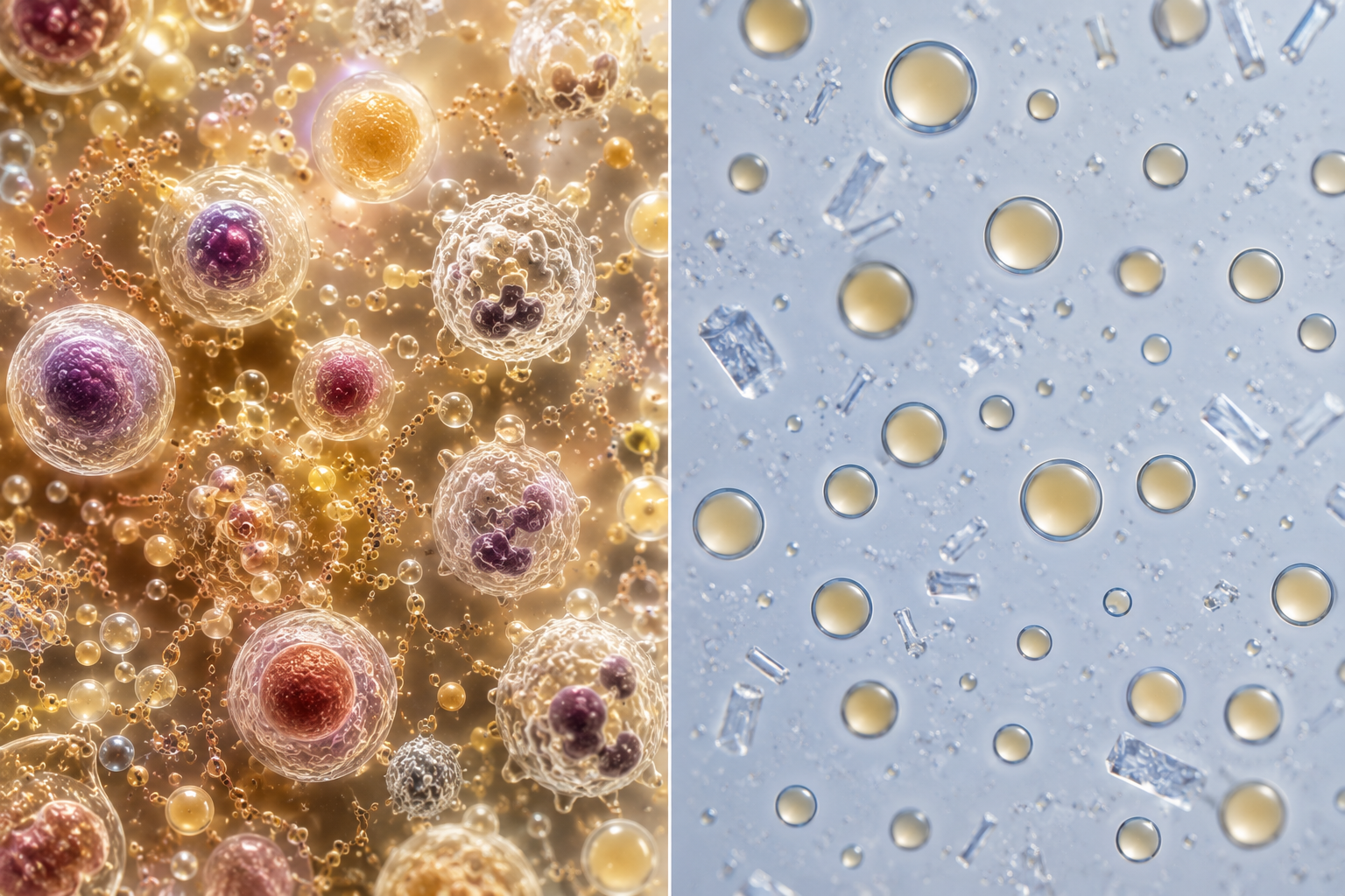 Microscopic comparison of living breast milk cells and inert formula particles