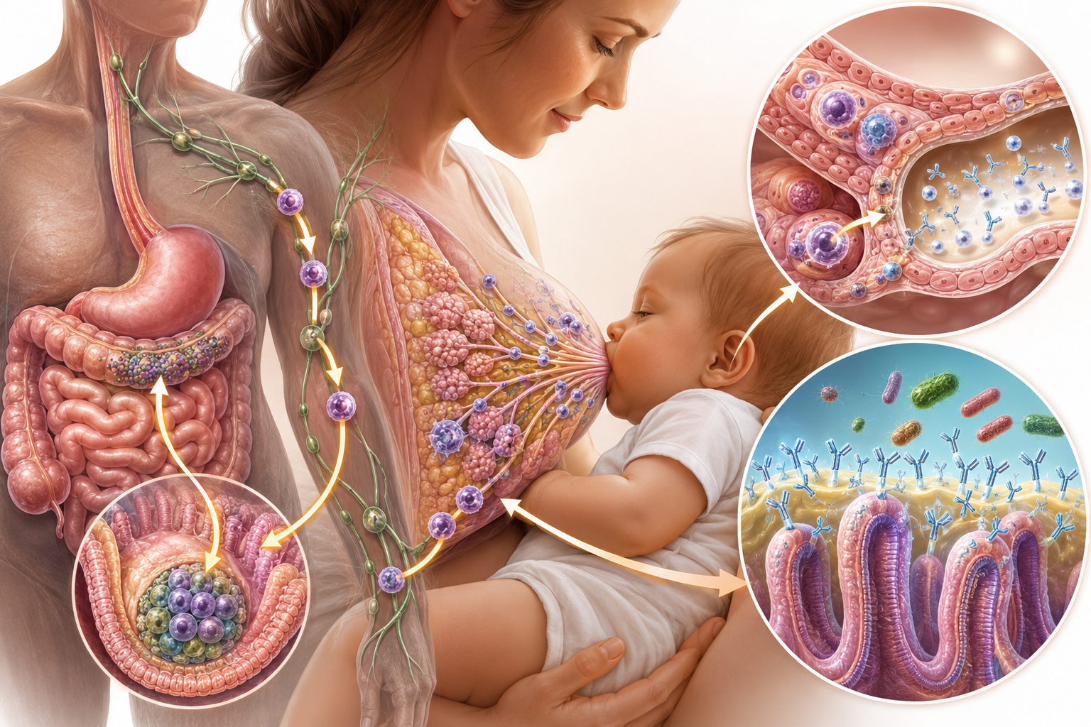 The entero-mammary axis showing immune cell migration from mother's gut to breast milk