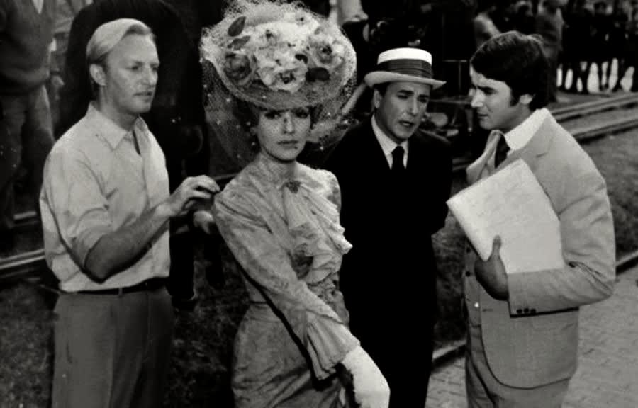 Susana Campos, Osvaldo Miranda y Rodolfo Bebán en el rodaje de Los muchachos de antes no usaban gomina (1969)