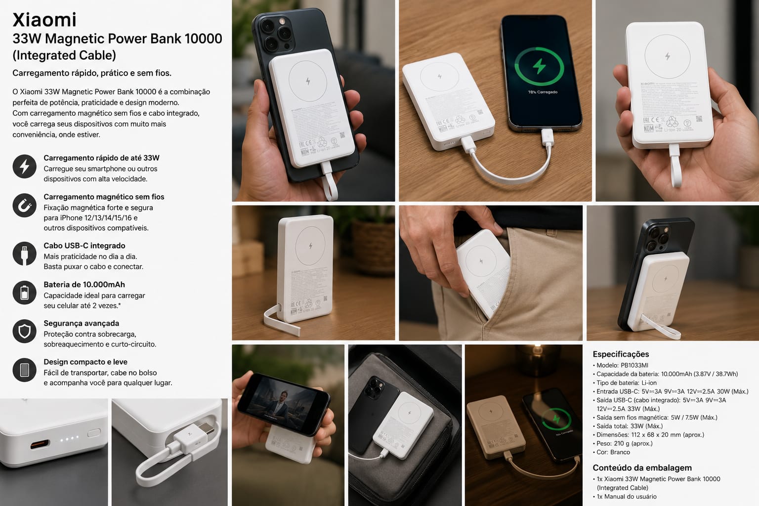 Xiaomi 33W Magnetic Power Bank 10.000 mAh com cabo integrado