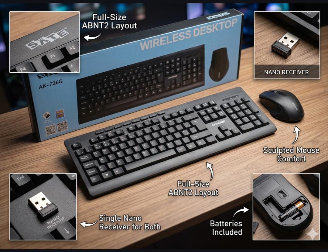 Kit de Teclado e Mouse Sem Fio Satellite / SATE AK-726G Wireless Desktop