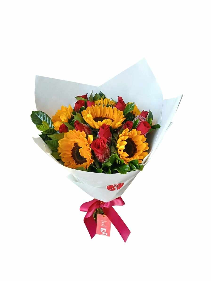 Ramo de rosas y girasoles