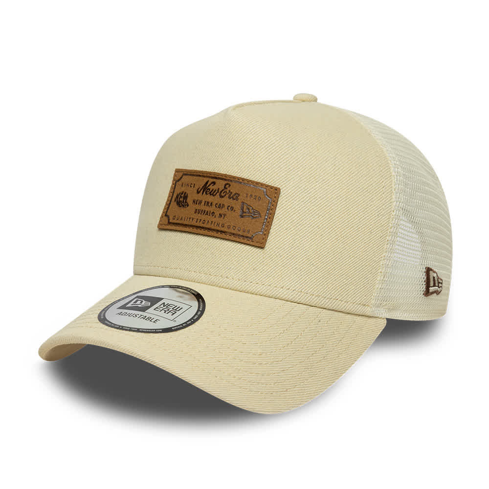 NEW ERA trucker Keps Denim Leather Patch Trucker Beige A-Frame dam – bild 2
